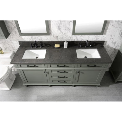 Legion Furniture WLF2272 72" Pewter Green Freestanding Vanity With Blue Lime Stone Top and Double White Ceramic Sink