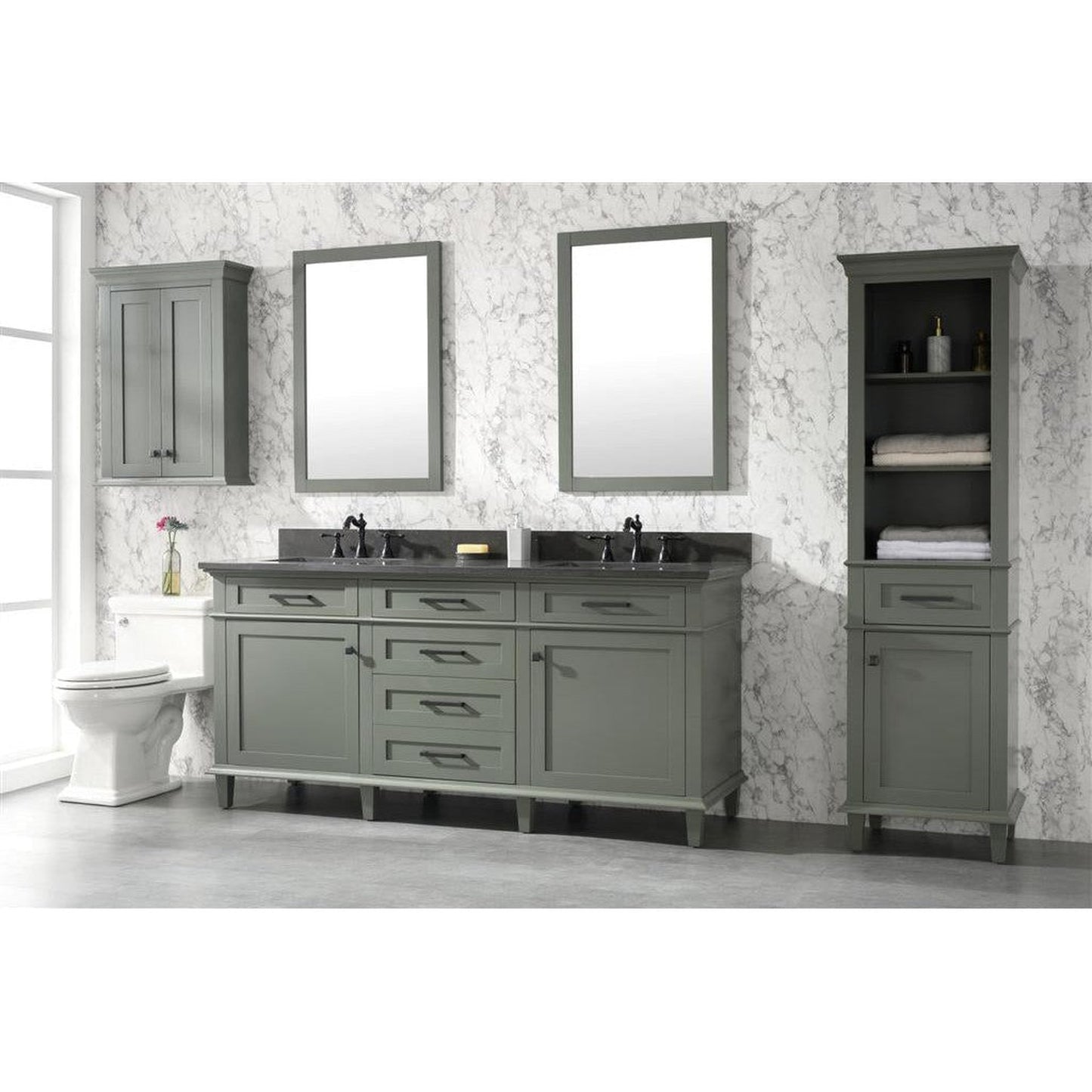 Legion Furniture WLF2272 72" Pewter Green Freestanding Vanity With Blue Lime Stone Top and Double White Ceramic Sink