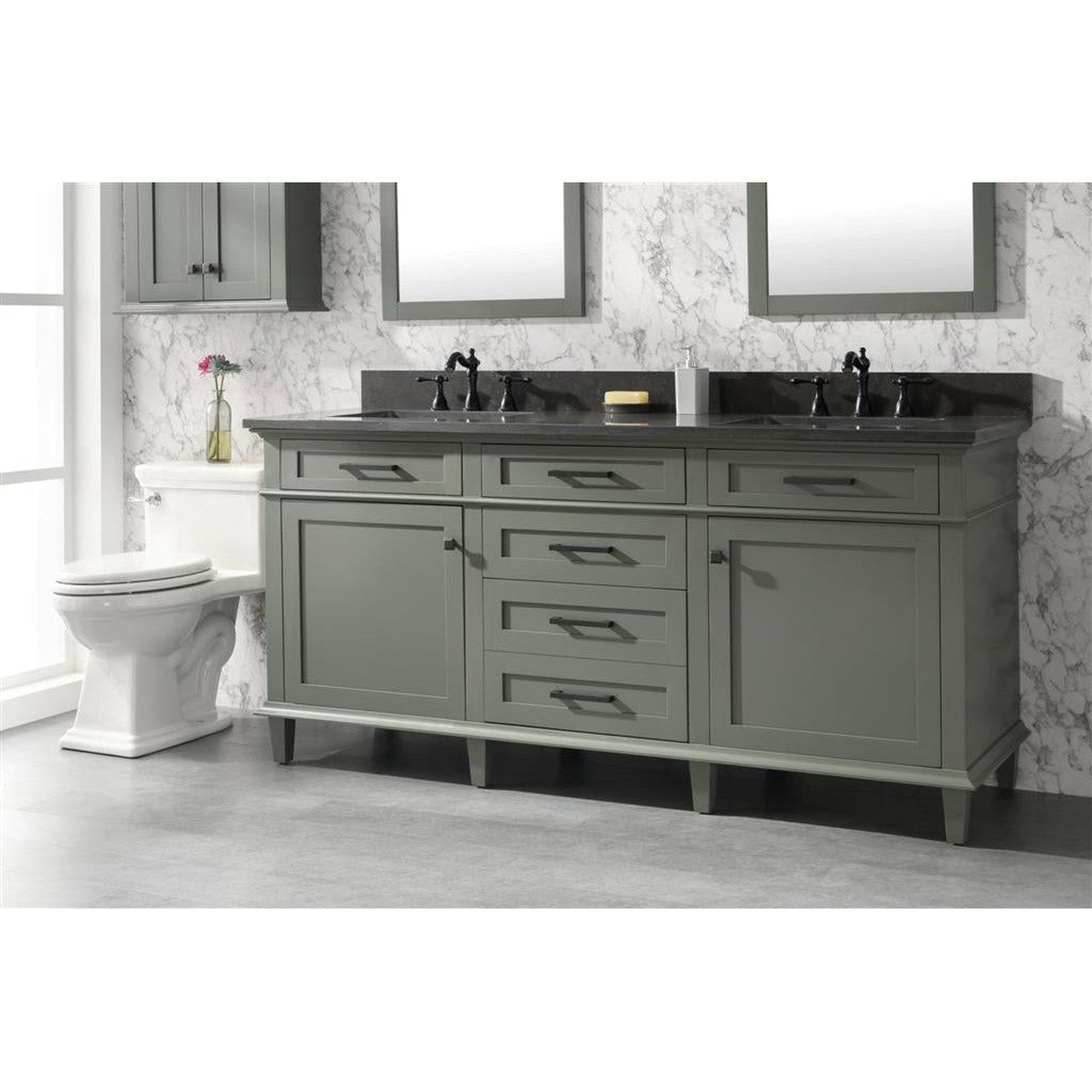 Legion Furniture WLF2272 72" Pewter Green Freestanding Vanity With Blue Lime Stone Top and Double White Ceramic Sink