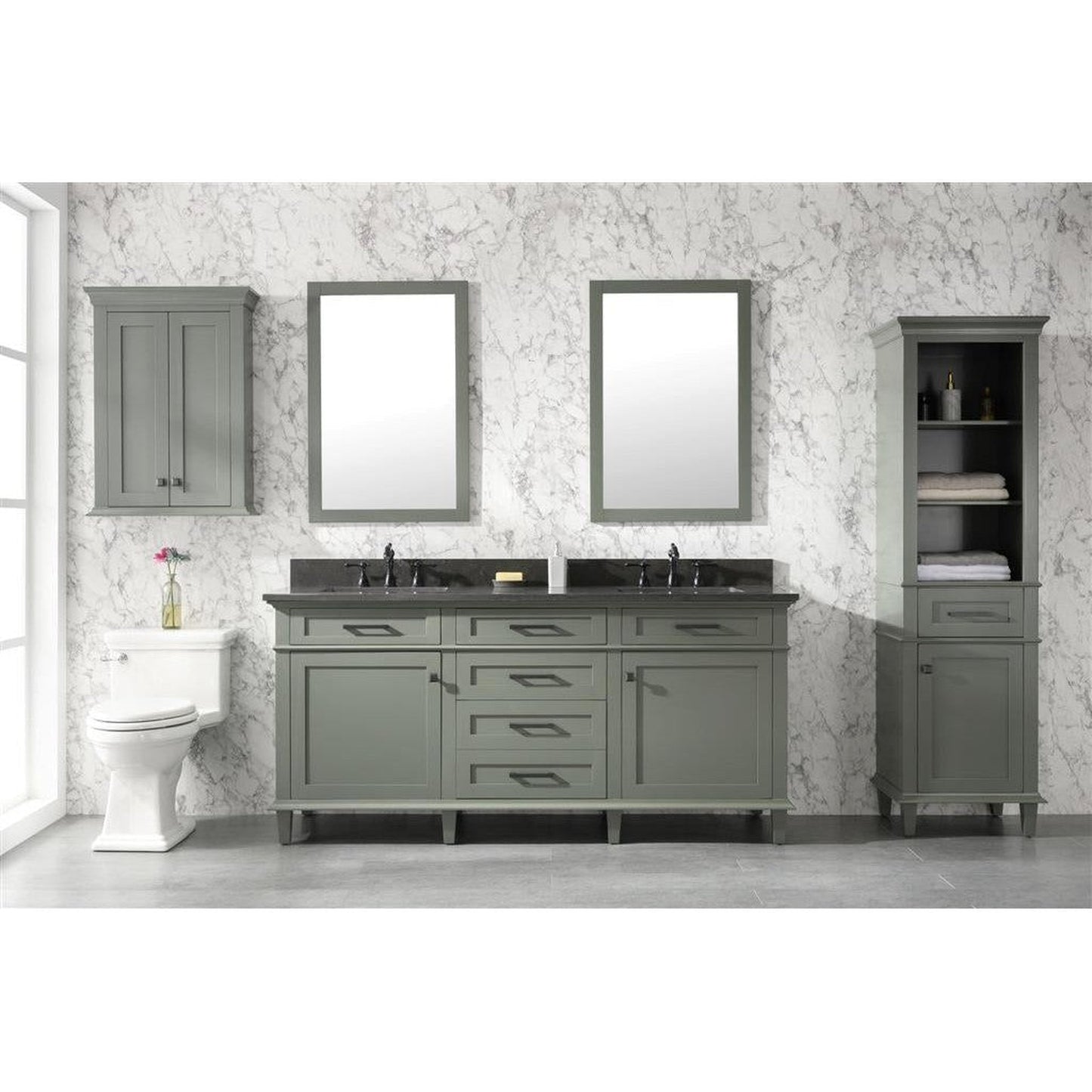 Legion Furniture WLF2272 72" Pewter Green Freestanding Vanity With Blue Lime Stone Top and Double White Ceramic Sink