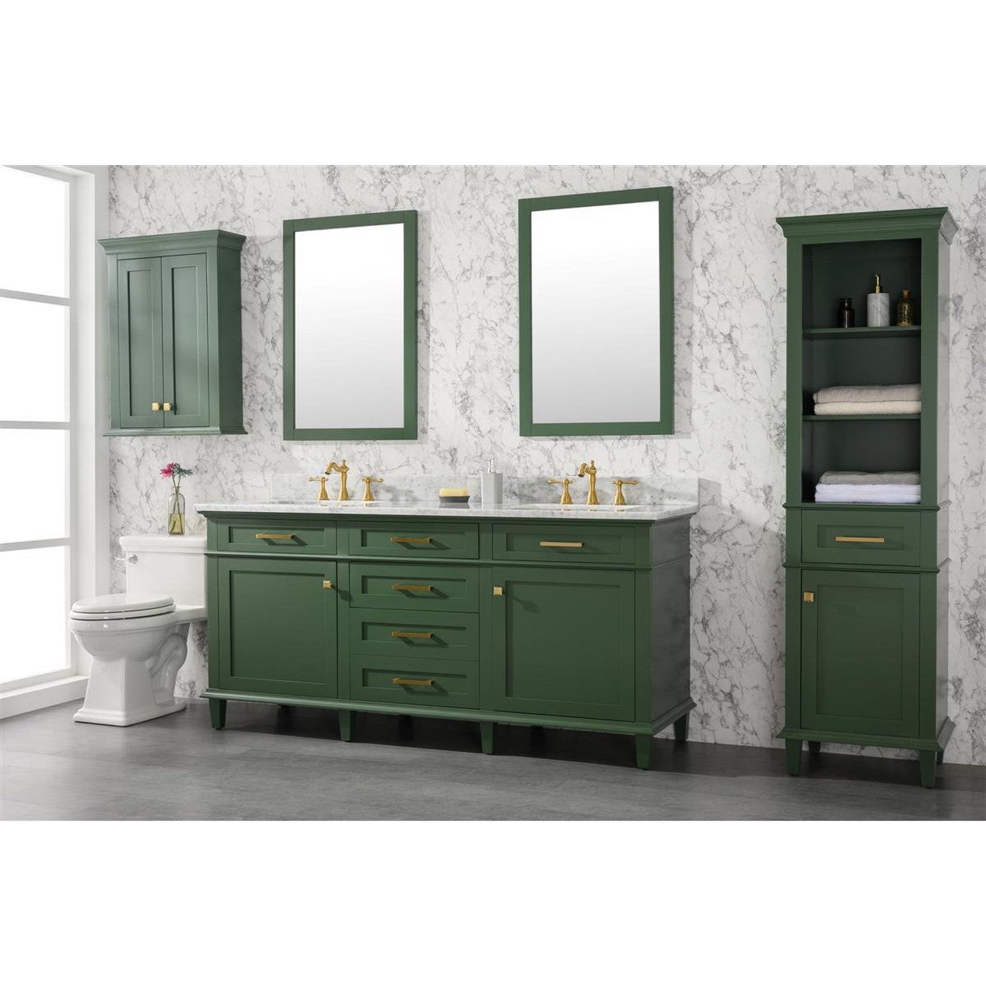 Legion Furniture WLF2272 72" Vogue Green Freestanding Vanity With White Carrara Marble Top and Double White Ceramic Sink