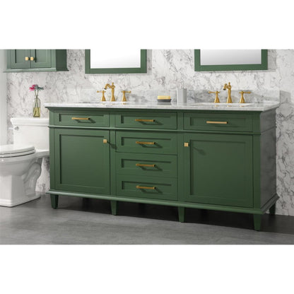 Legion Furniture WLF2272 72" Vogue Green Freestanding Vanity With White Carrara Marble Top and Double White Ceramic Sink