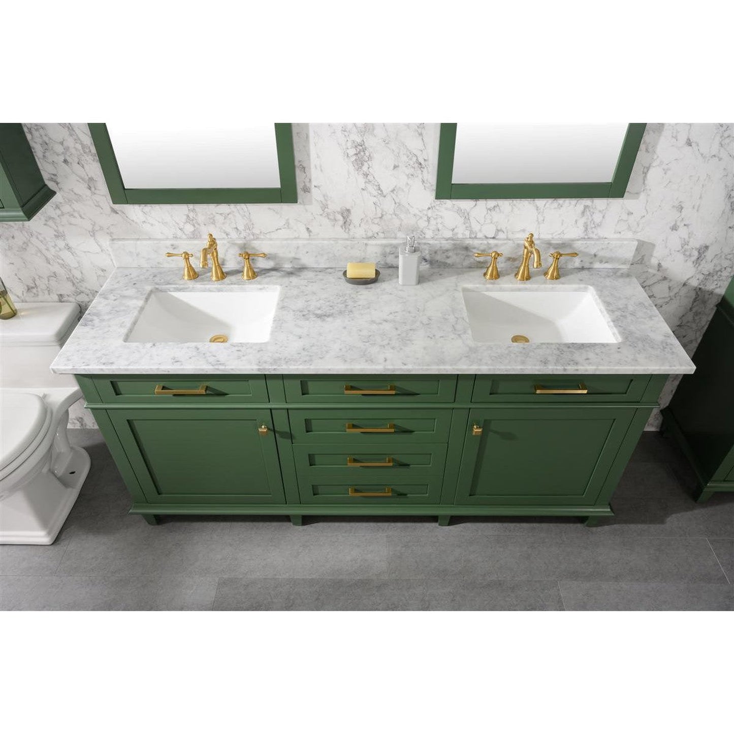 Legion Furniture WLF2272 72" Vogue Green Freestanding Vanity With White Carrara Marble Top and Double White Ceramic Sink