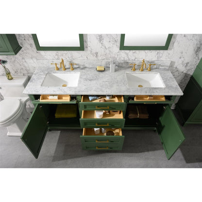 Legion Furniture WLF2272 72" Vogue Green Freestanding Vanity With White Carrara Marble Top and Double White Ceramic Sink