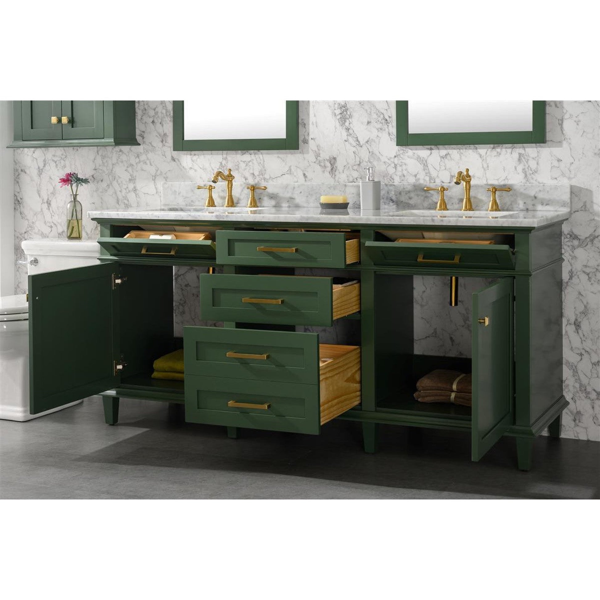 Legion Furniture WLF2272 72" Vogue Green Freestanding Vanity With White Carrara Marble Top and Double White Ceramic Sink