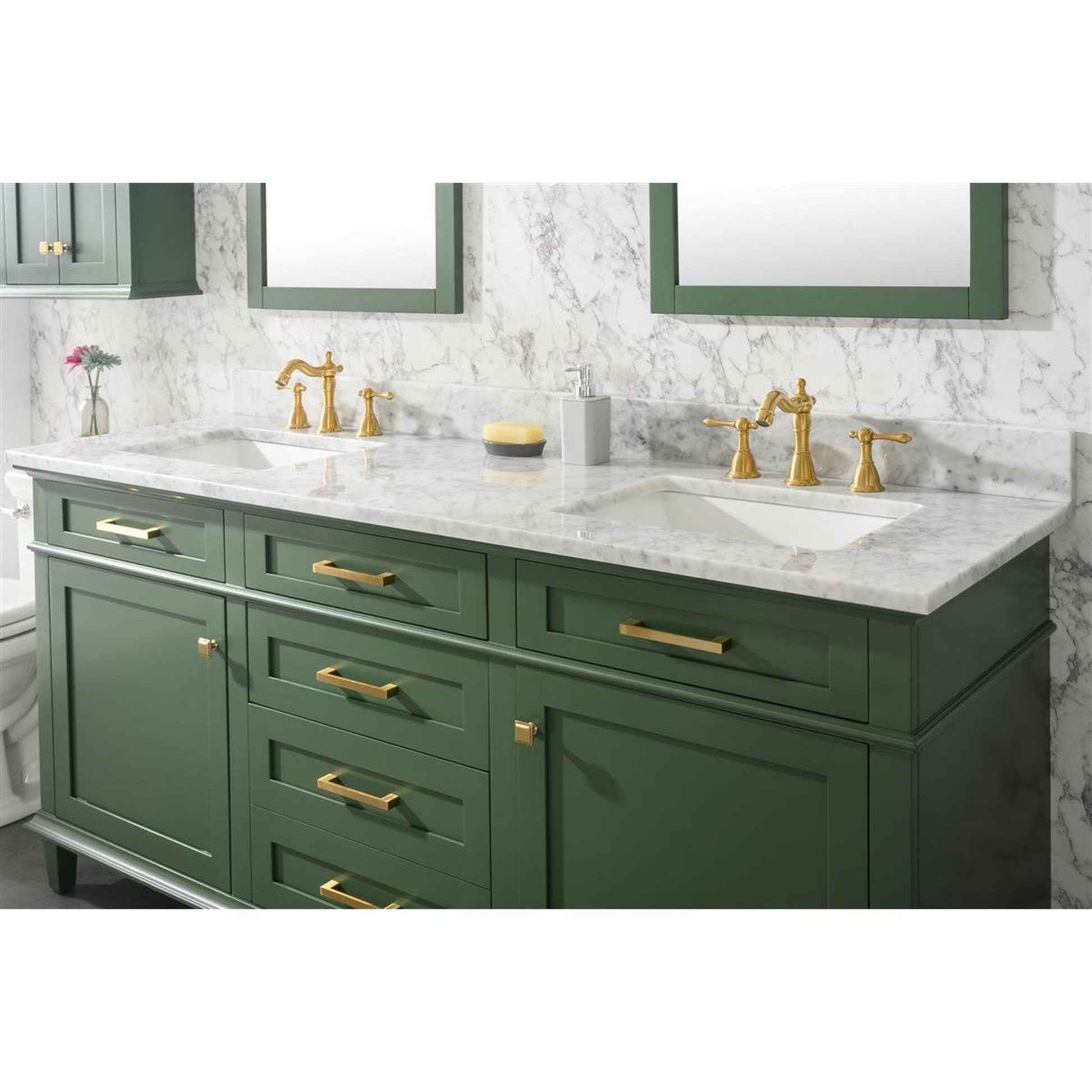 Legion Furniture WLF2272 72" Vogue Green Freestanding Vanity With White Carrara Marble Top and Double White Ceramic Sink