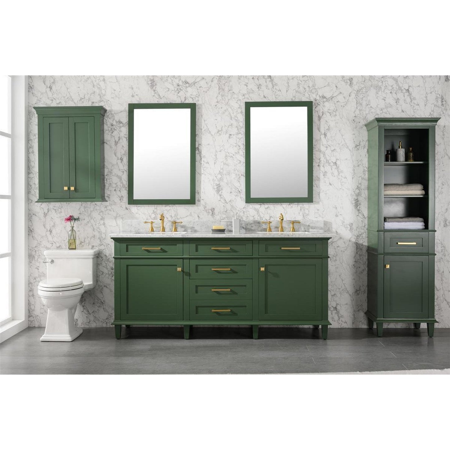 Legion Furniture WLF2272 72" Vogue Green Freestanding Vanity With White Carrara Marble Top and Double White Ceramic Sink