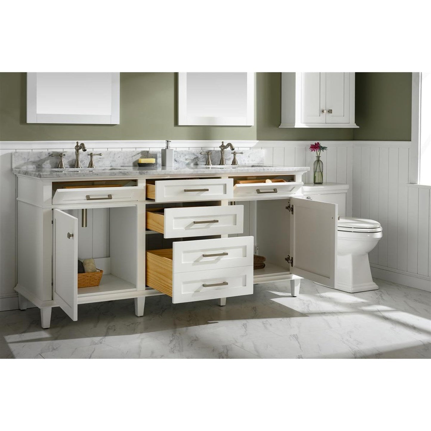 Legion Furniture WLF2272 72" White Freestanding Vanity With White Carrara Quartz Top and Double White Ceramic Sink