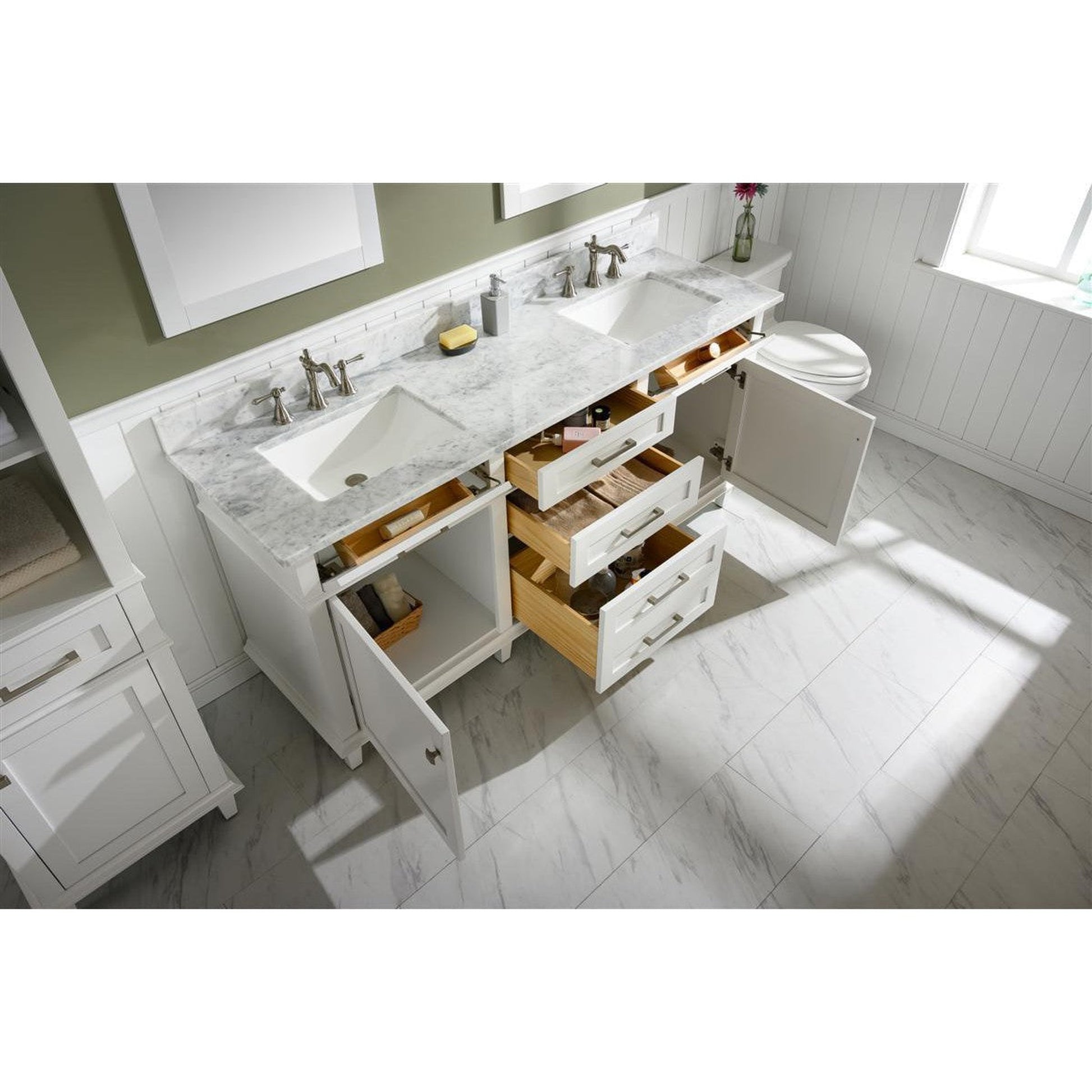 Legion Furniture WLF2272 72" White Freestanding Vanity With White Carrara Quartz Top and Double White Ceramic Sink