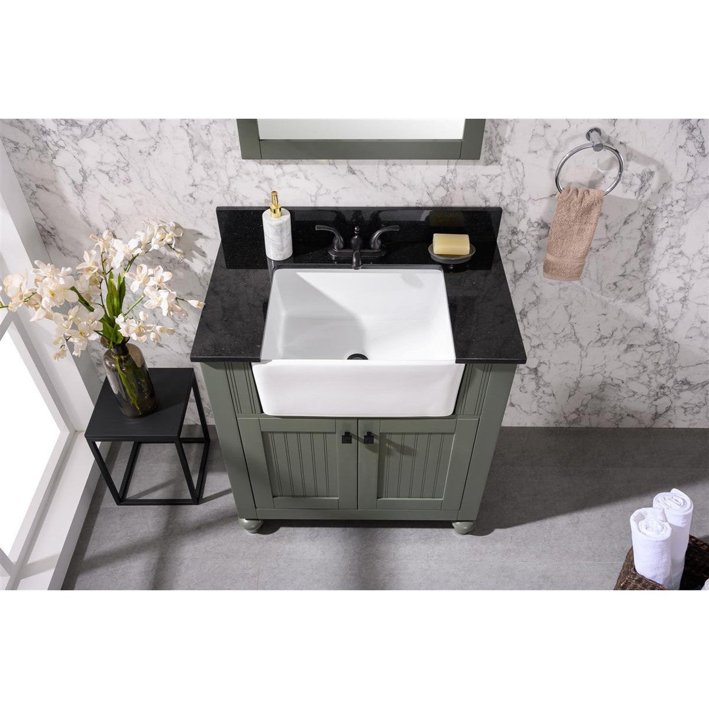 Legion Furniture WLF6022 30" Pewter Green Freestanding Vanity Cabinet With Black Granite Top and White Ceramic Farm Sink