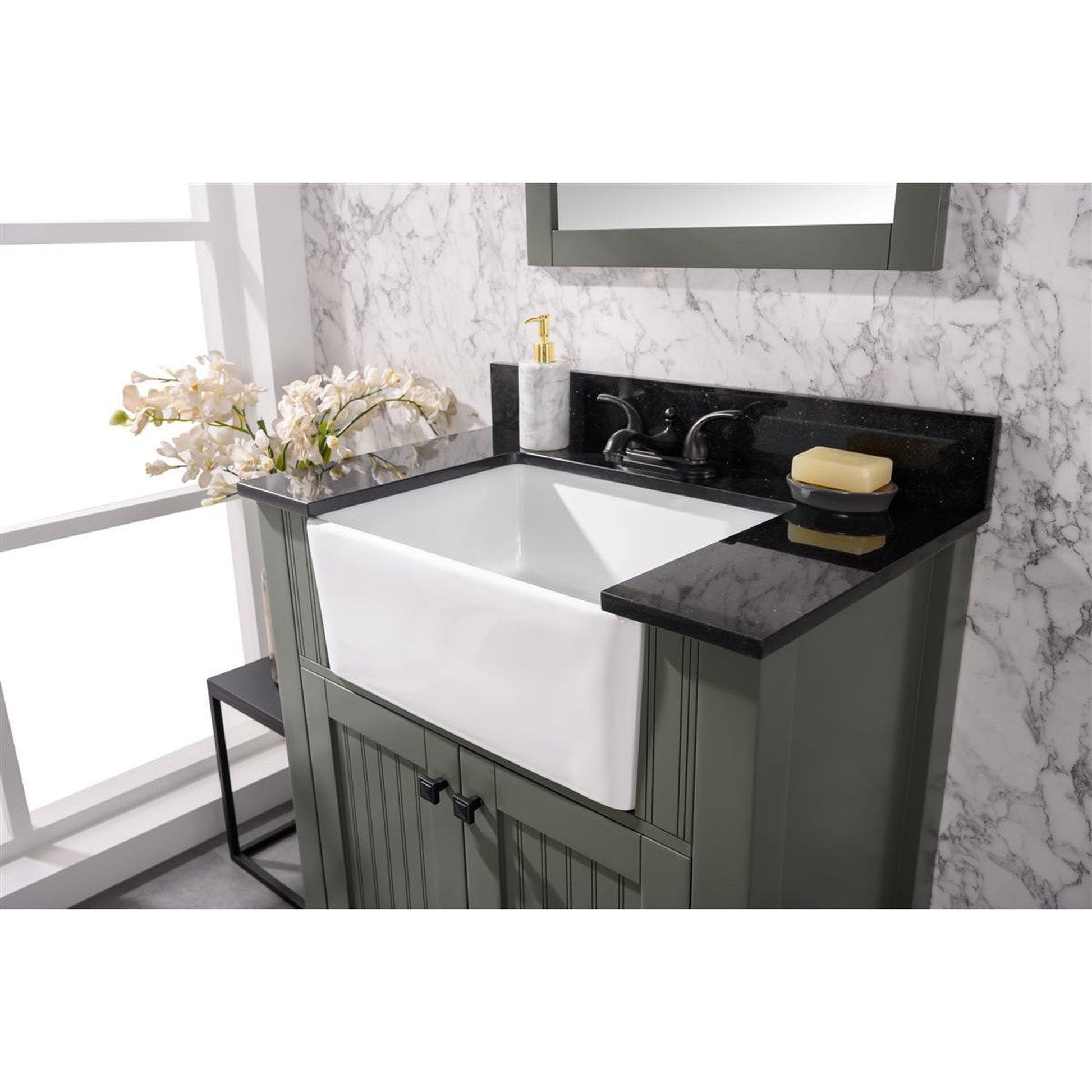 Legion Furniture WLF6022 30" Pewter Green Freestanding Vanity Cabinet With Black Granite Top and White Ceramic Farm Sink