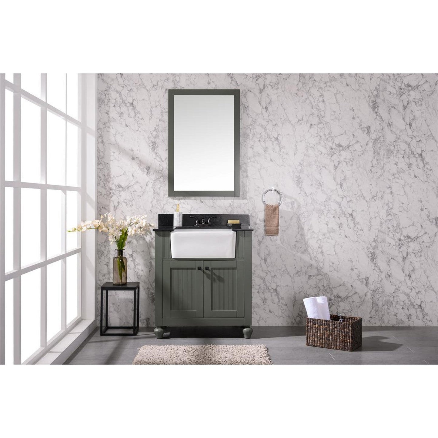 Legion Furniture WLF6022 30" Pewter Green Freestanding Vanity Cabinet With Black Granite Top and White Ceramic Farm Sink