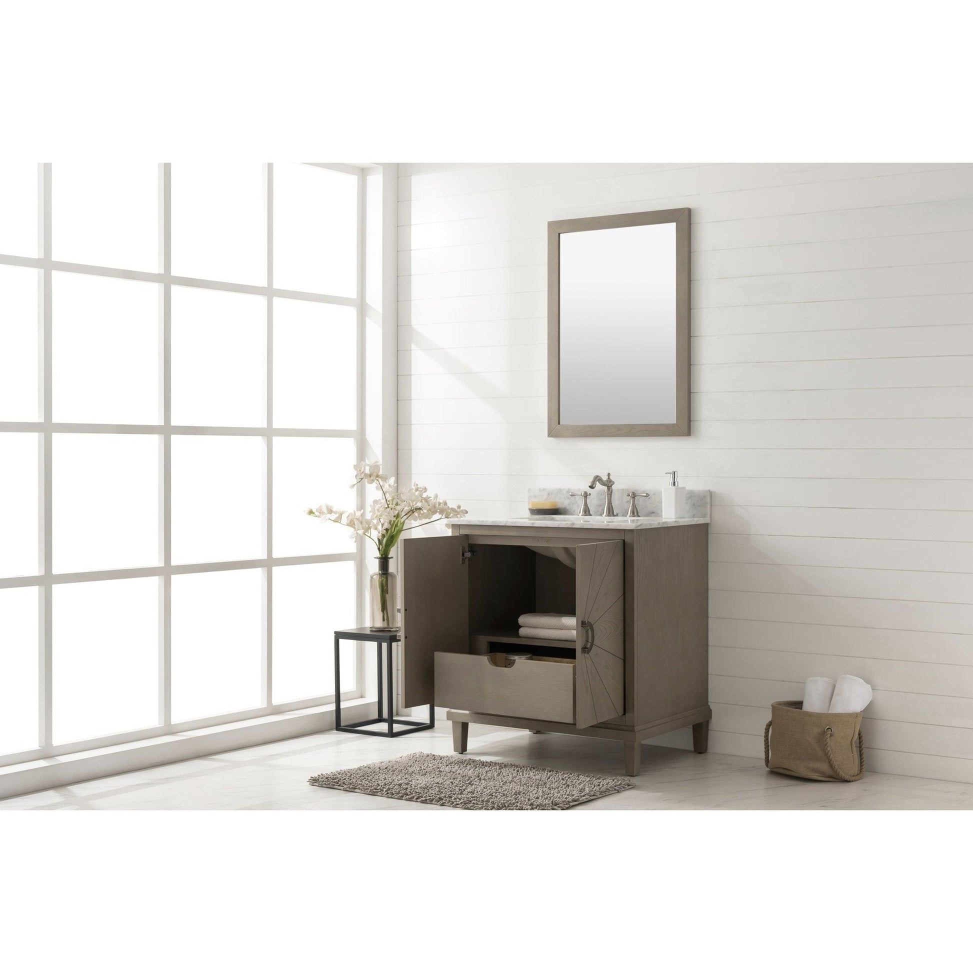 Legion Furniture WLF7040 30" Antique Gray Freestanding Vanity With Carrara White Marble Top and White Ceramic Sink