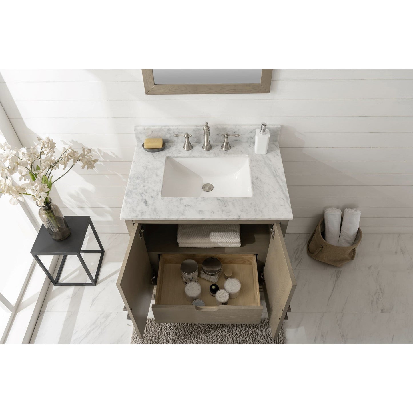 Legion Furniture WLF7040 30" Antique Gray Freestanding Vanity With Carrara White Marble Top and White Ceramic Sink