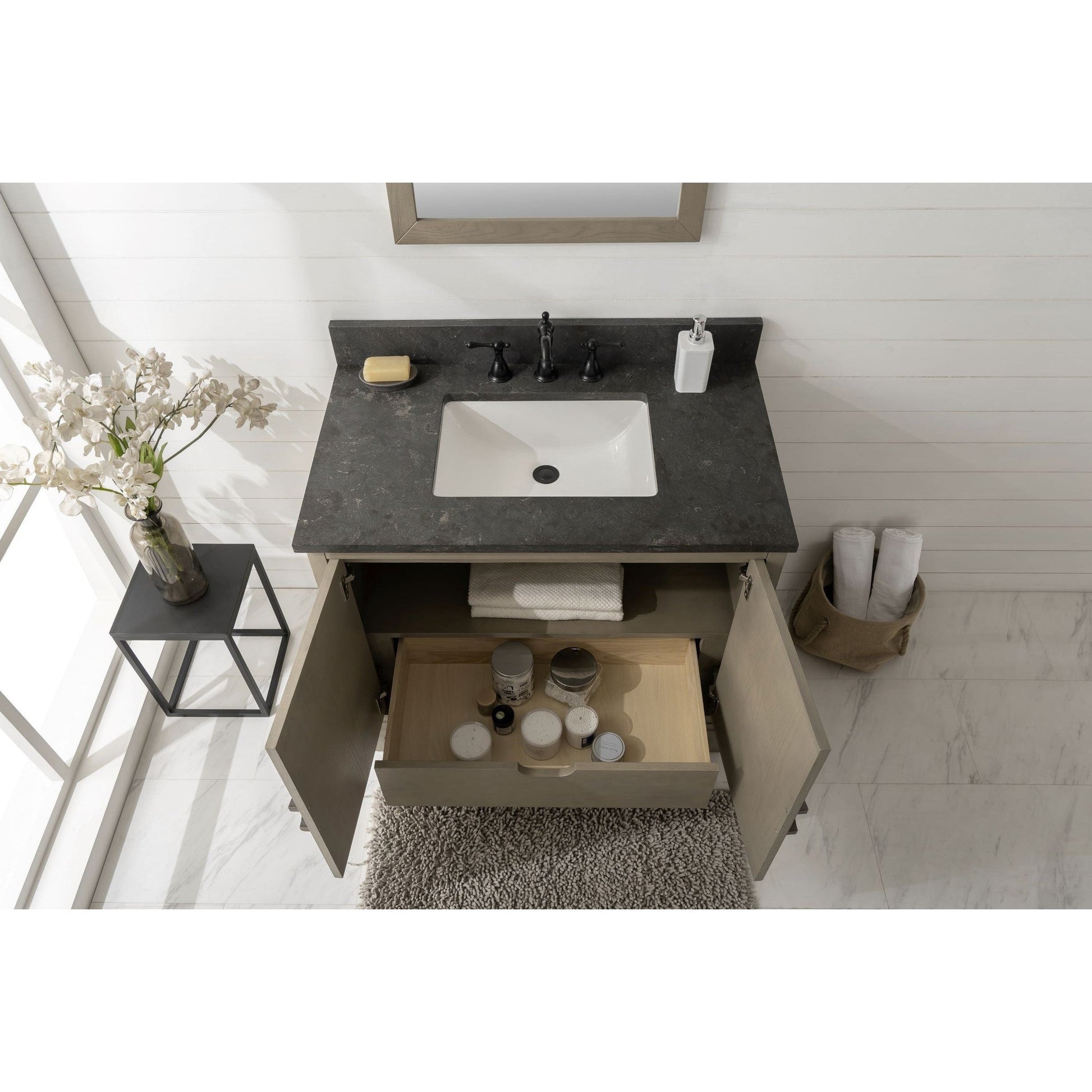 Legion Furniture WLF7040 36" Antique Gray Freestanding Vanity With Blue Limestone Top and White Ceramic Sink