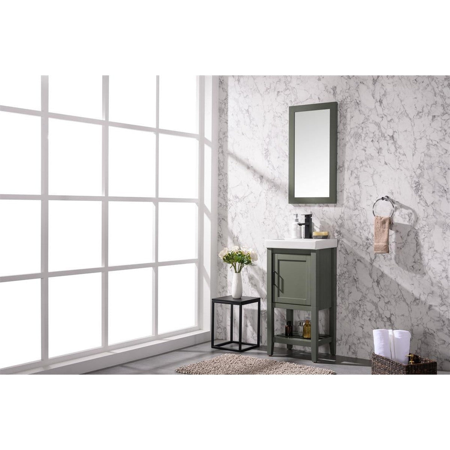 Legion Furniture WLF9018 18" Pewter Green Freestanding Vanity Cabinet With White Ceramic Top and Sink