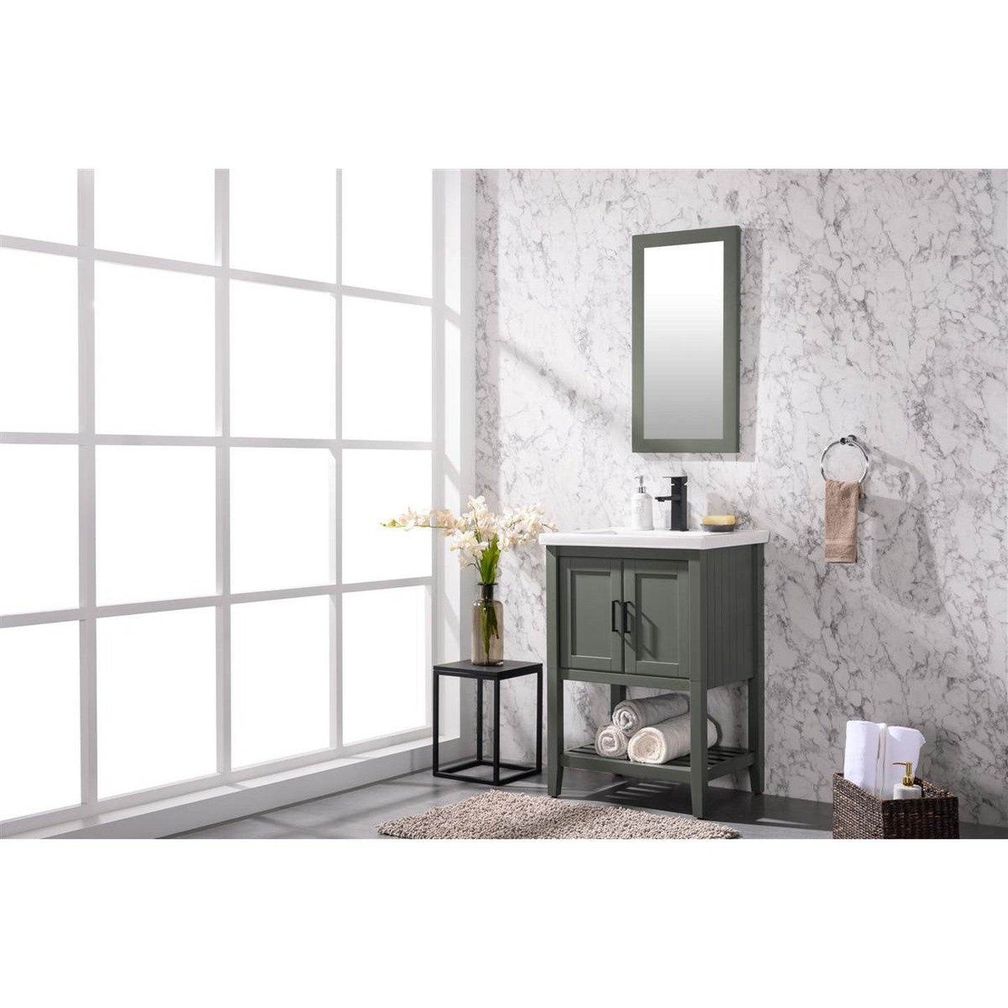 Legion Furniture WLF9024 24" Pewter Green Freestanding Vanity Cabinet With White Ceramic Top and Sink