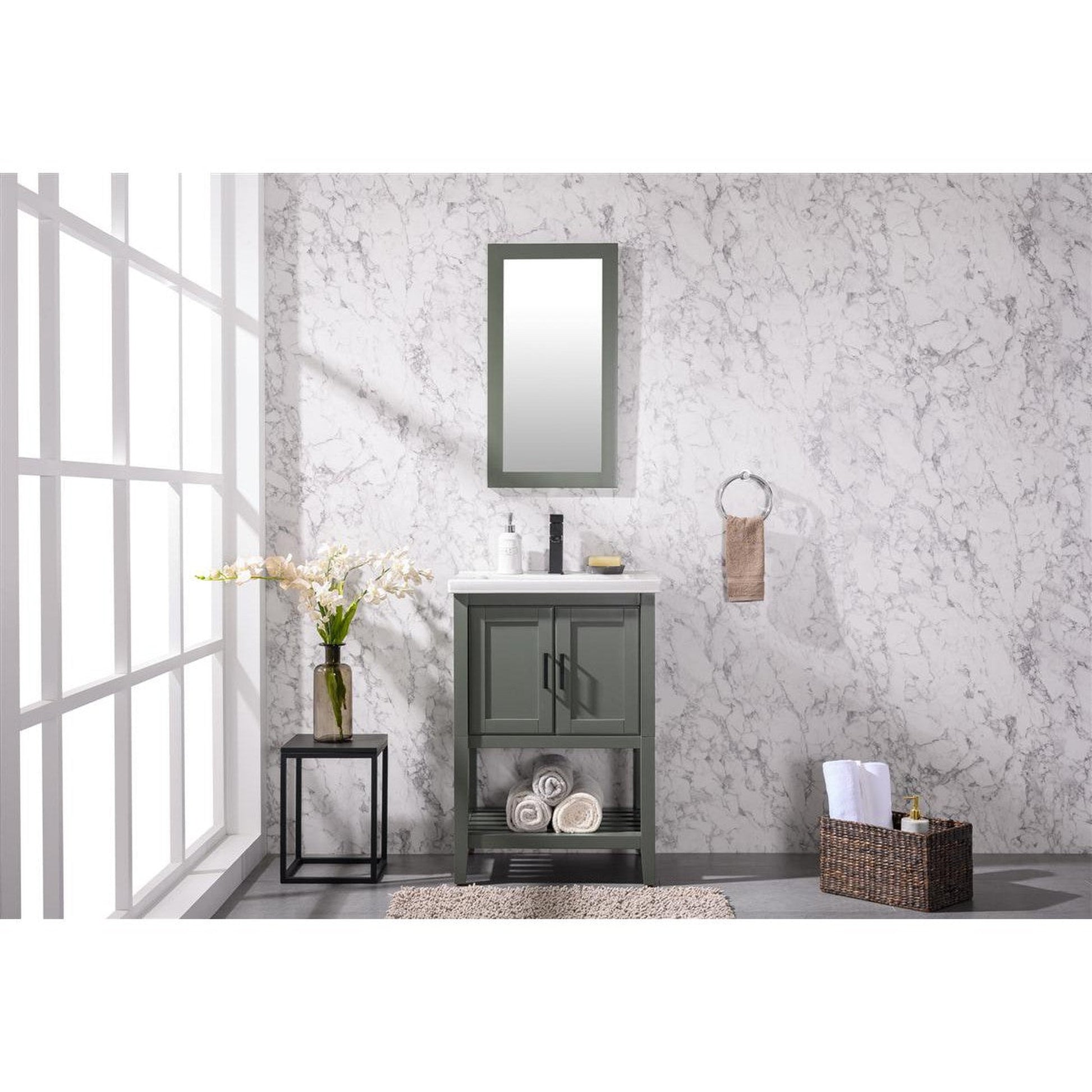 Legion Furniture WLF9024 24" Pewter Green Freestanding Vanity Cabinet With White Ceramic Top and Sink