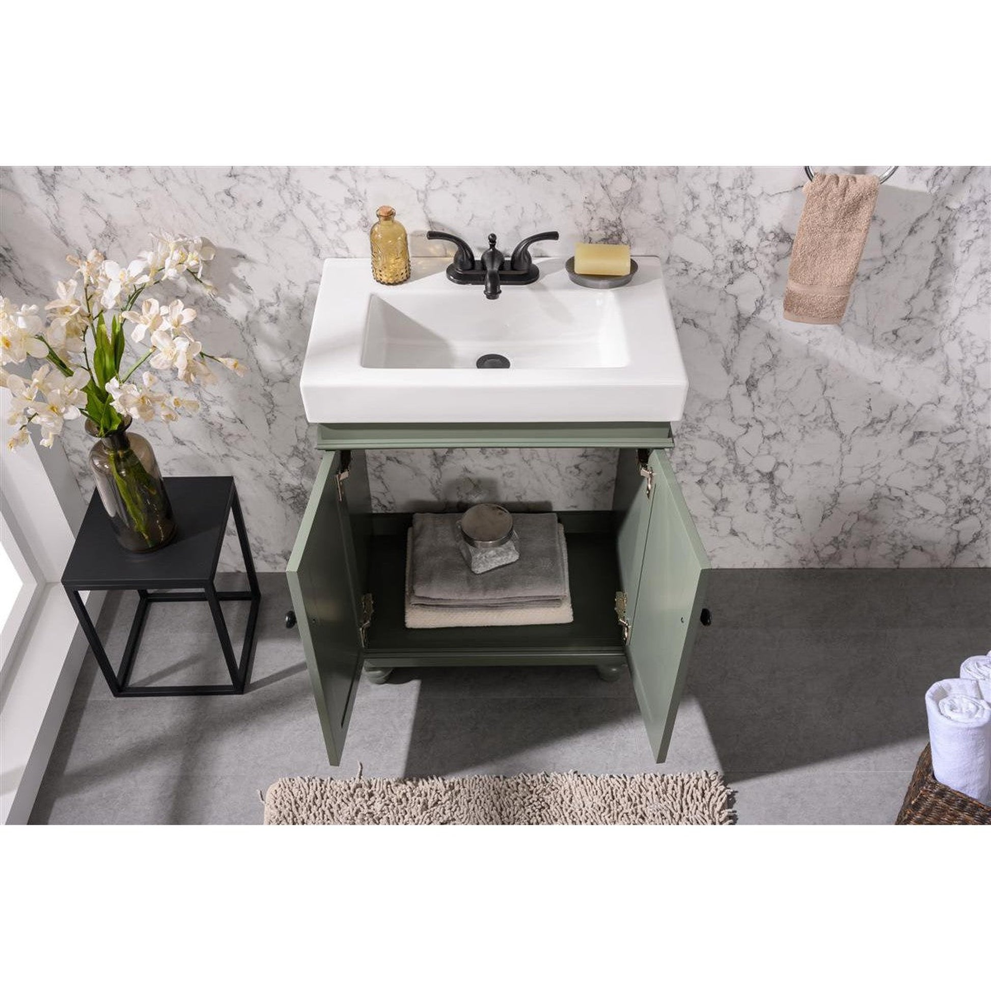 Legion Furniture WLF9024 24" Pewter Green Freestanding Vanity Cabinet With White Ceramic Top and Sink