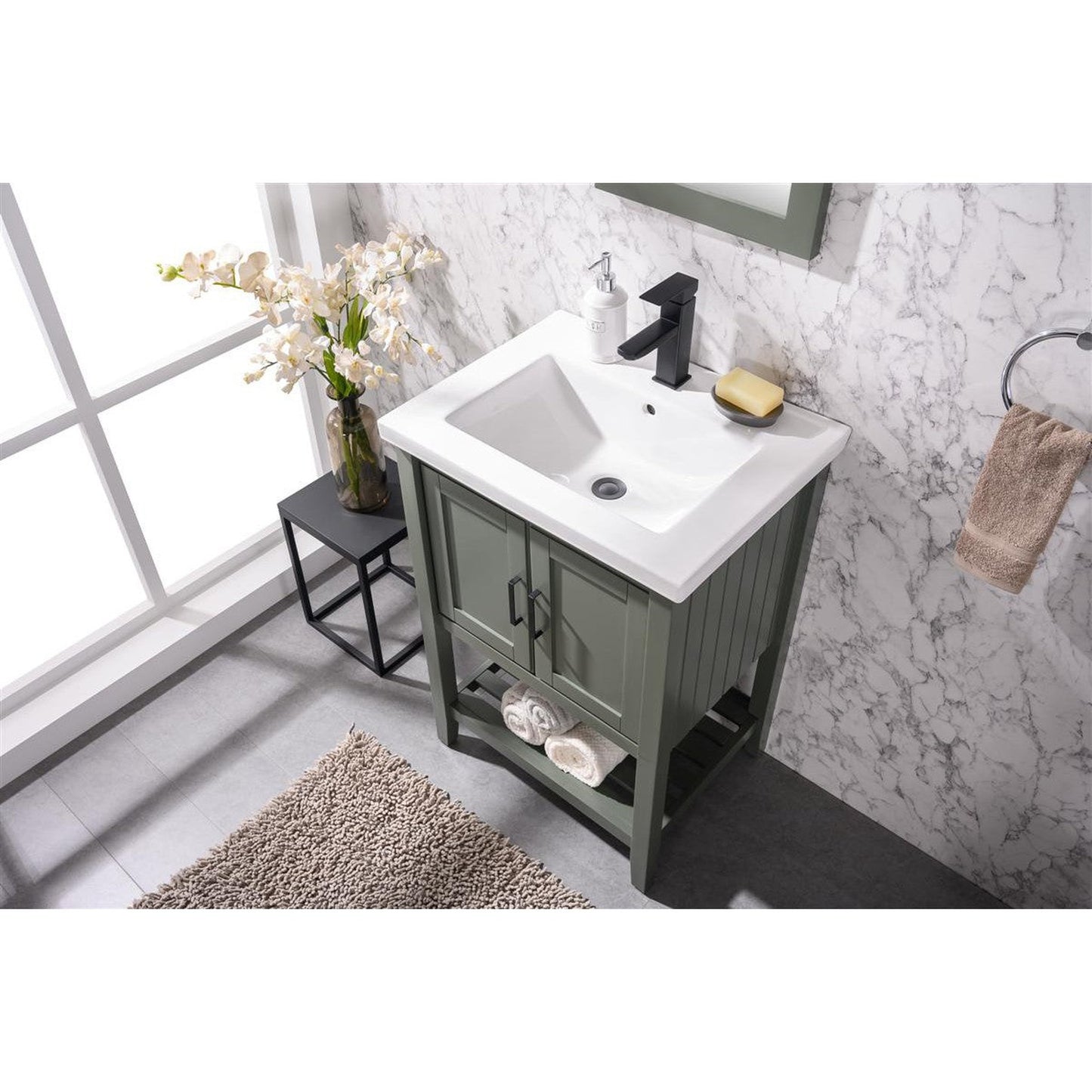 Legion Furniture WLF9024 24" Pewter Green Freestanding Vanity Cabinet With White Ceramic Top and Sink