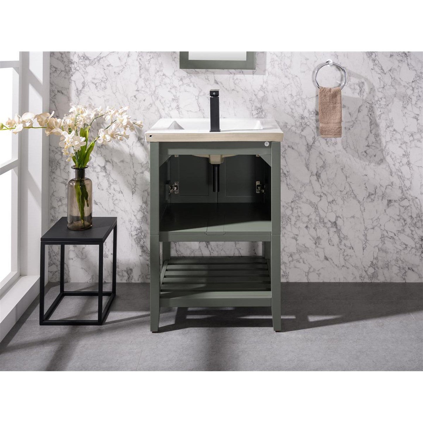 Legion Furniture WLF9024 24" Pewter Green Freestanding Vanity Cabinet With White Ceramic Top and Sink