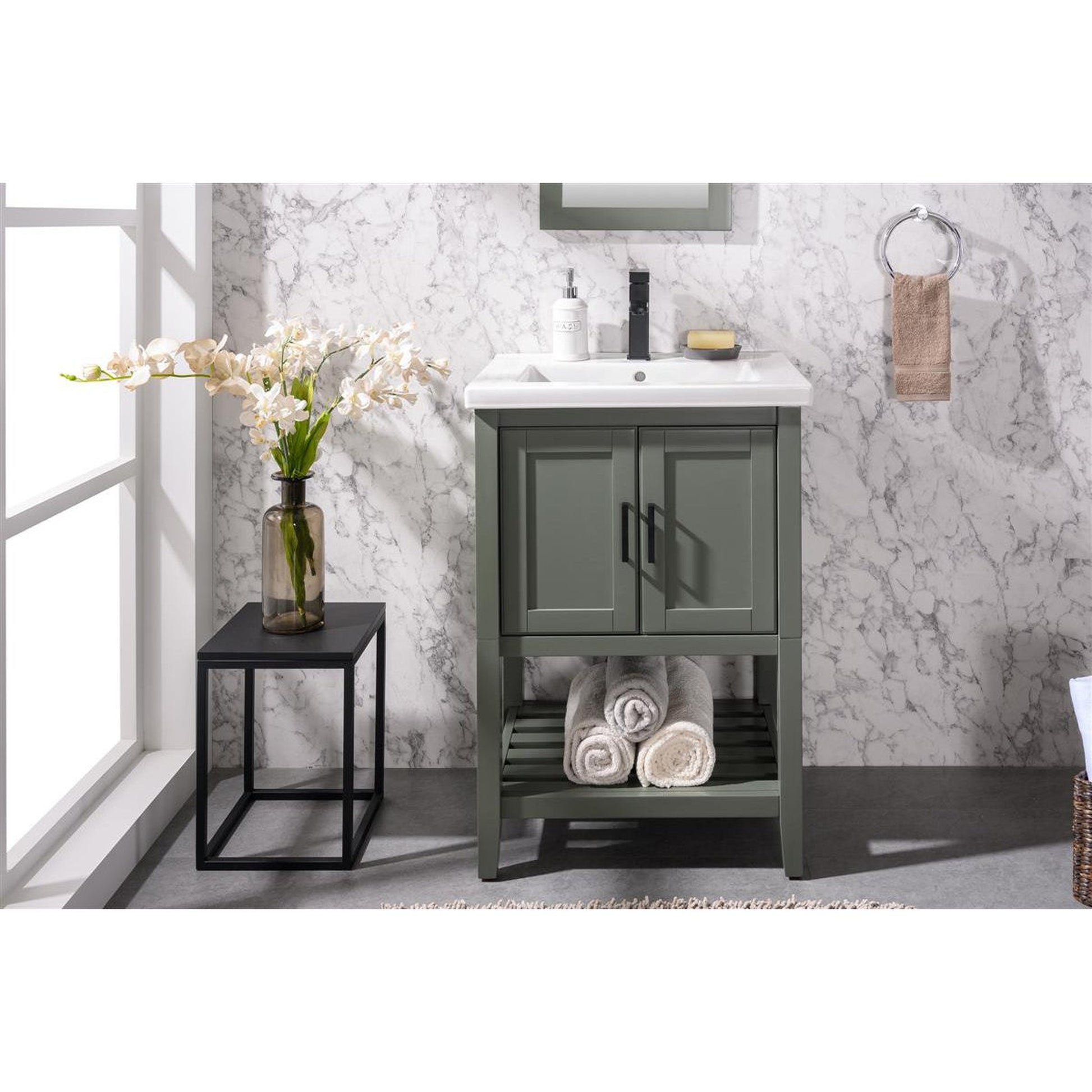 Legion Furniture WLF9024 24" Pewter Green Freestanding Vanity Cabinet With White Ceramic Top and Sink