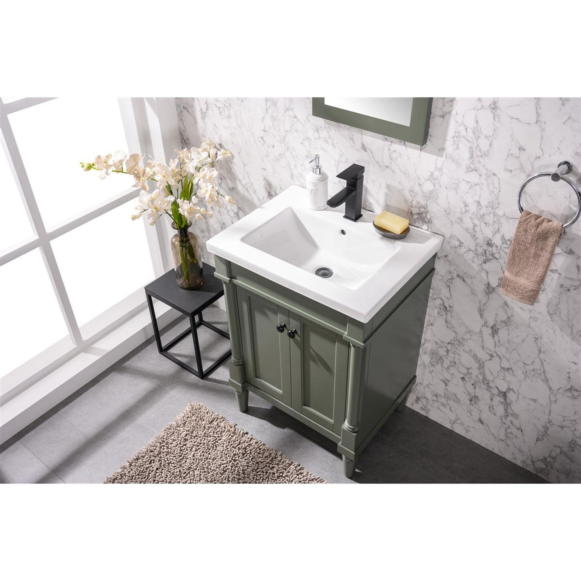 Legion Furniture WLF9224 24" Pewter Green Freestanding Vanity Cabinet With White Ceramic Top and Sink