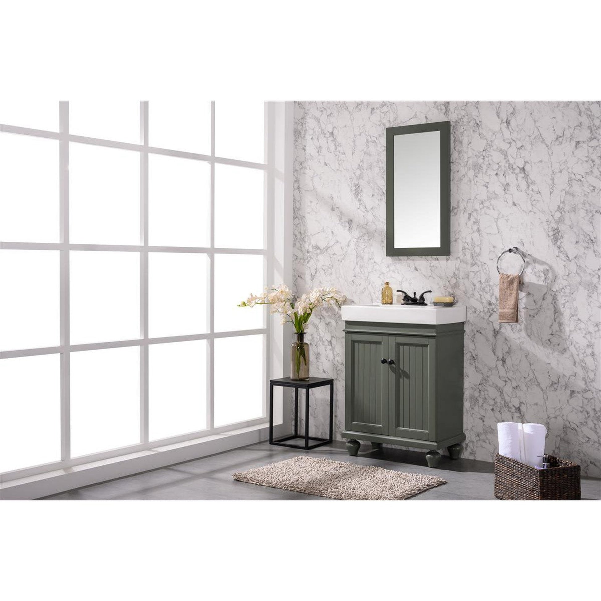 Legion Furniture WLF9324 24" Pewter Green Freestanding Vanity Cabinet With White Ceramic Top and Sink