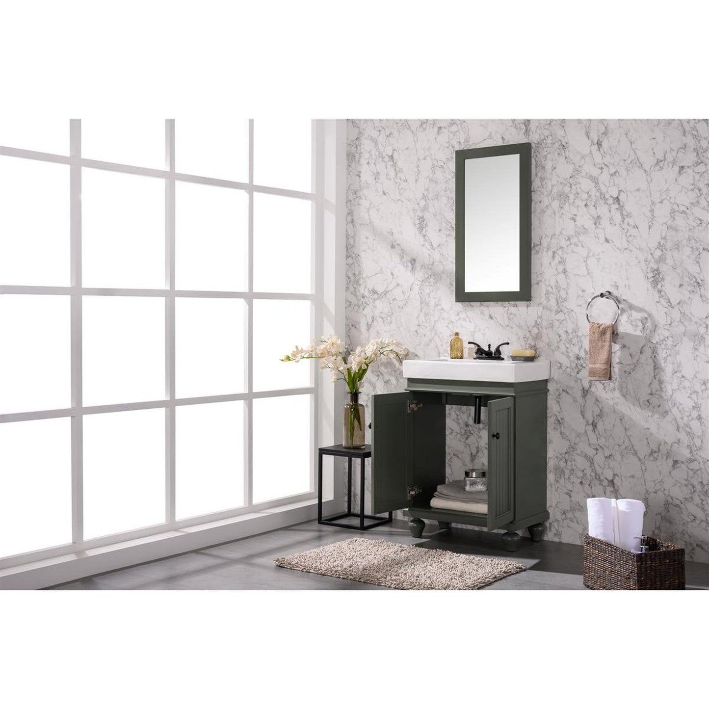 Legion Furniture WLF9324 24" Pewter Green Freestanding Vanity Cabinet With White Ceramic Top and Sink