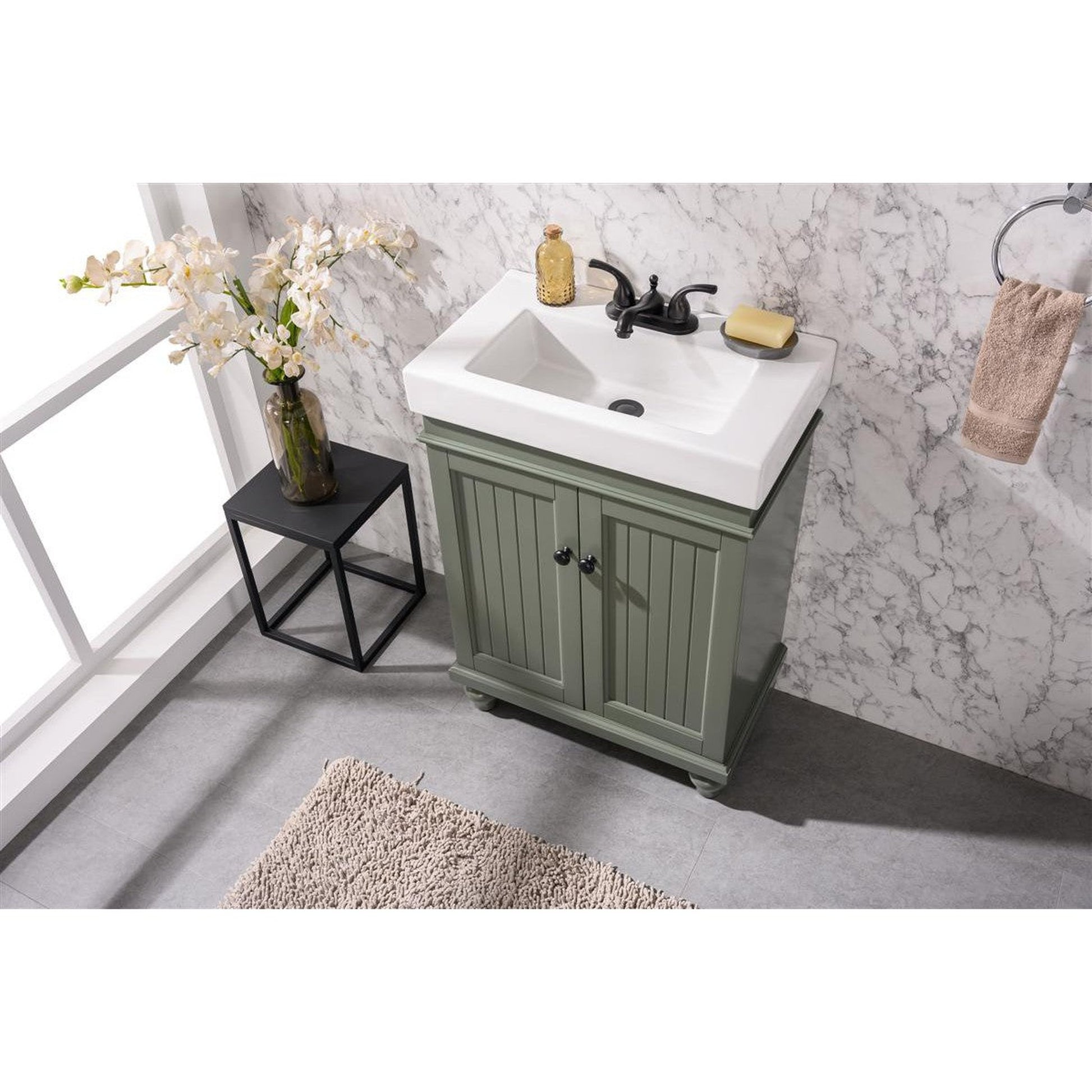 Legion Furniture WLF9324 24" Pewter Green Freestanding Vanity Cabinet With White Ceramic Top and Sink