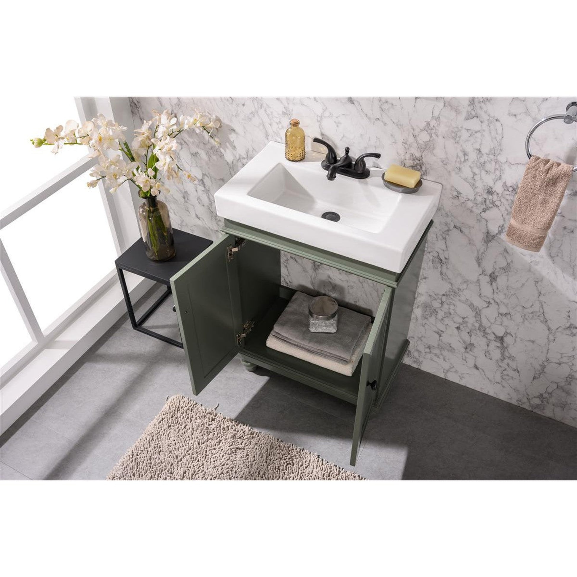 Legion Furniture WLF9324 24" Pewter Green Freestanding Vanity Cabinet With White Ceramic Top and Sink