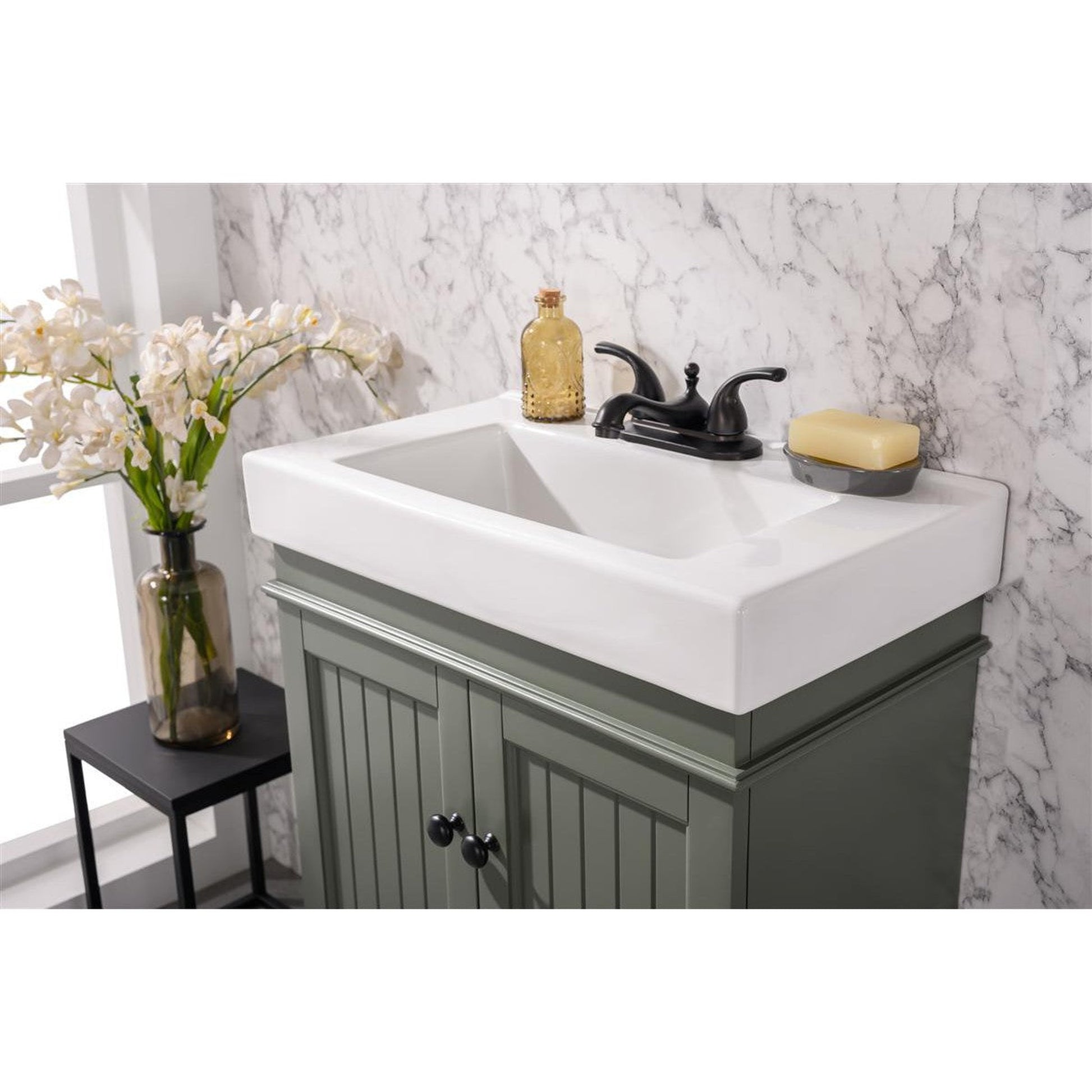 Legion Furniture WLF9324 24" Pewter Green Freestanding Vanity Cabinet With White Ceramic Top and Sink