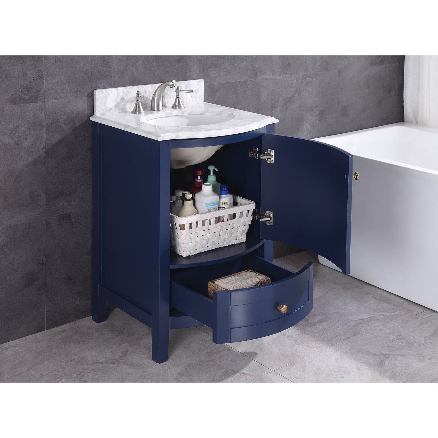 Legion Furniture WT9309 24" Blue Freestanding PVC Vanity Cabinet With Marble Top and White Ceramic Sink