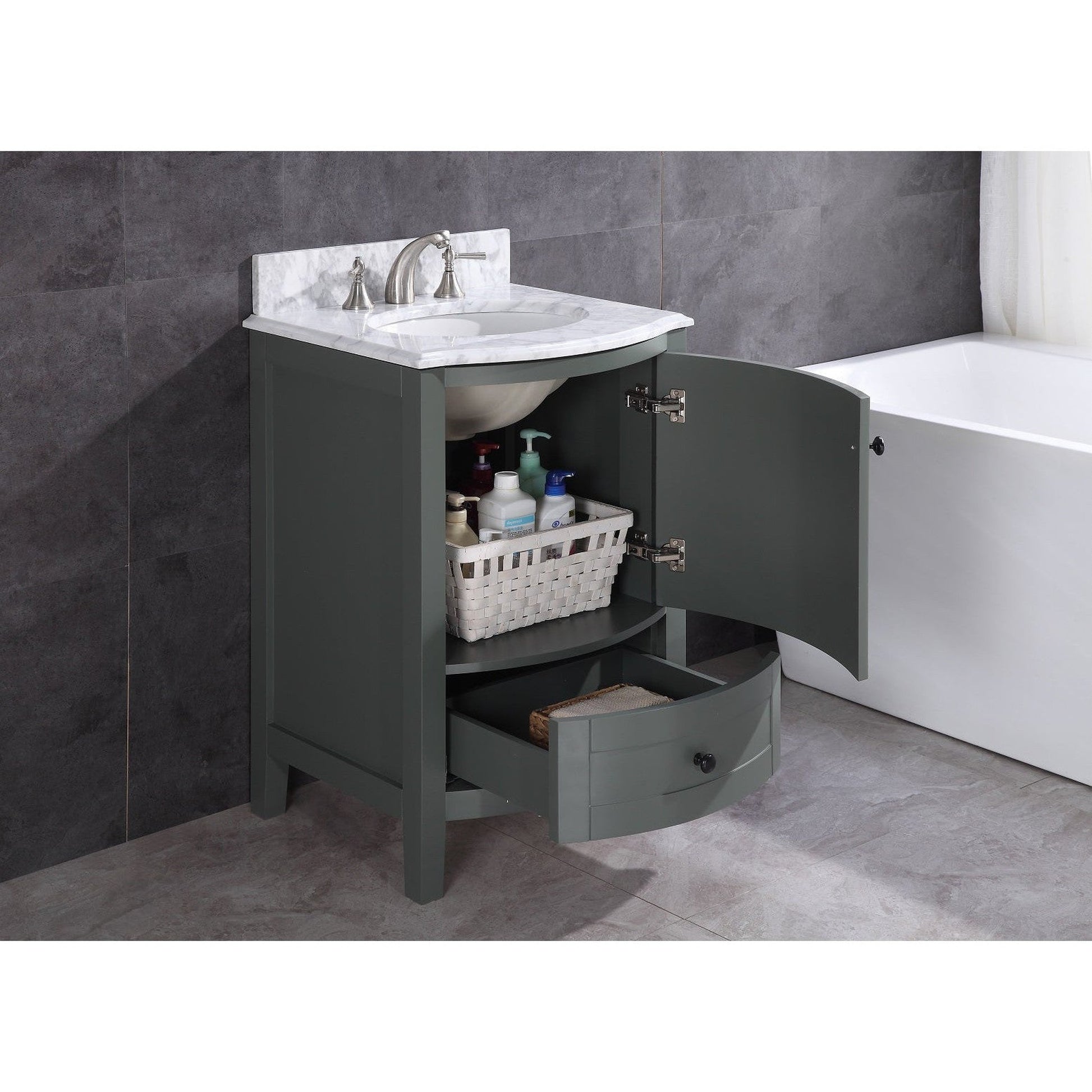 Legion Furniture WT9309 24" Pewter Green Freestanding PVC Vanity Cabinet With Marble Top and White Ceramic Sink