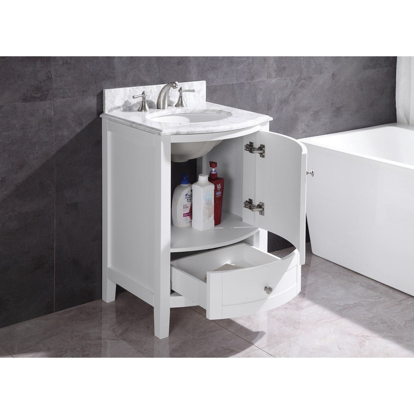 Legion Furniture WT9309 24" White Freestanding PVC Vanity Cabinet With Marble Top and White Ceramic Sink