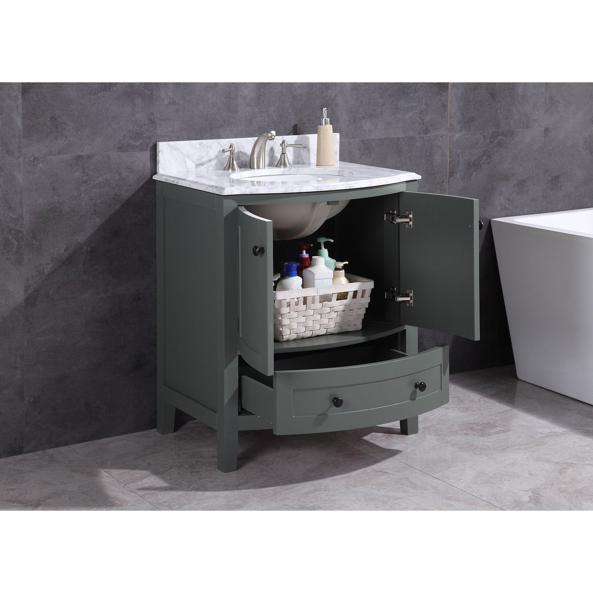 Legion Furniture WT9309 30" Pewter Green Freestanding PVC Vanity Cabinet With Marble Top and White Ceramic Sink