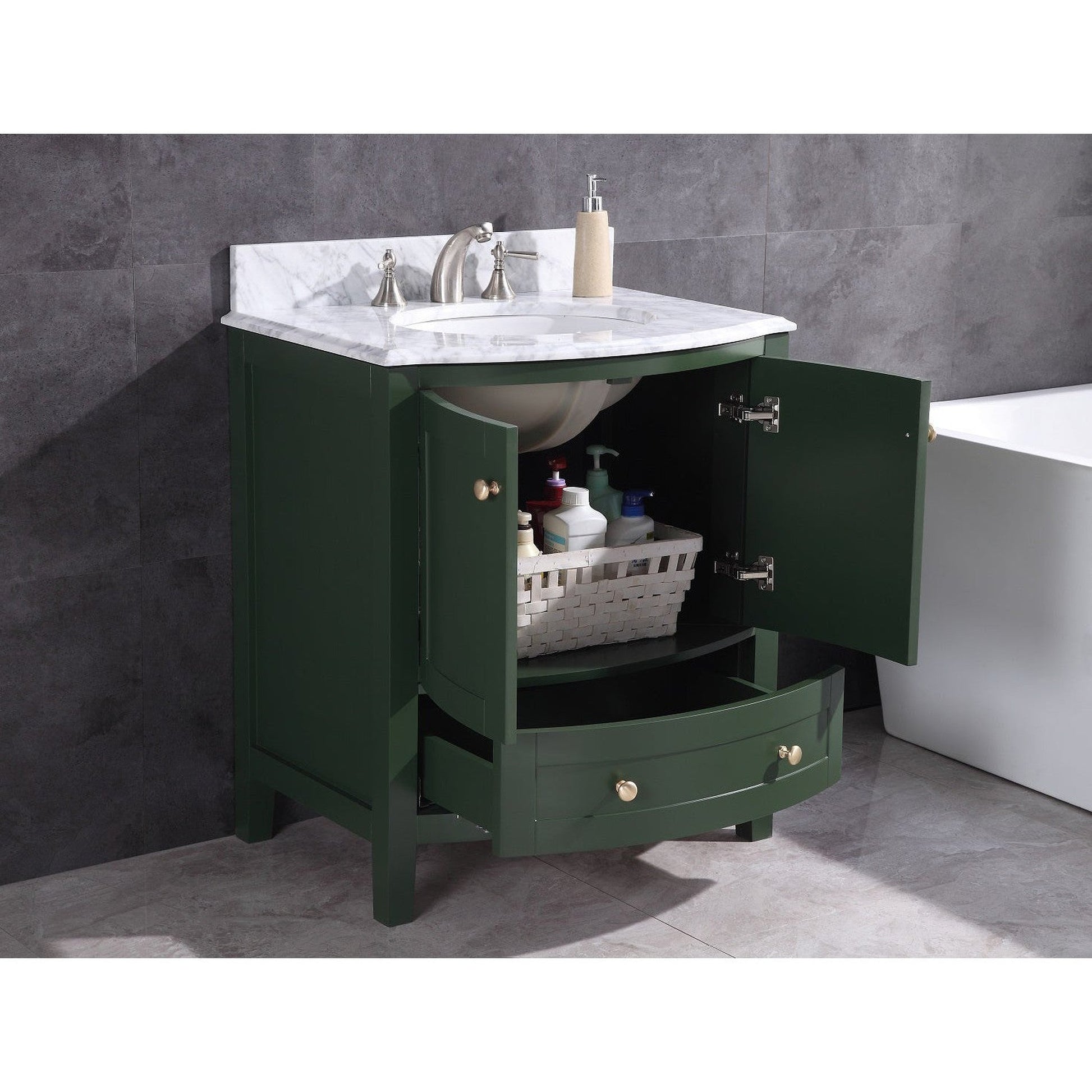 Legion Furniture WT9309 30" Vogue Green Freestanding PVC Vanity Cabinet With Marble Top and White Ceramic Sink