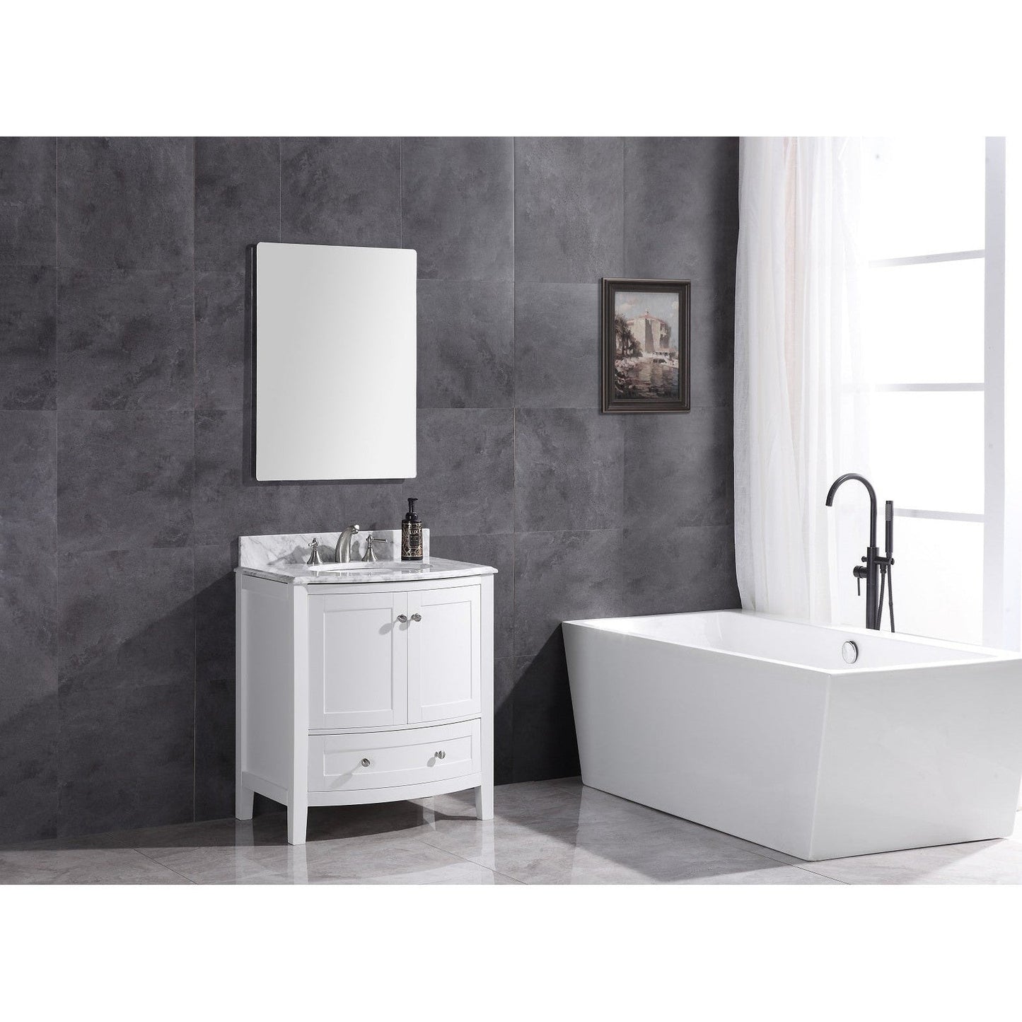 Legion Furniture WT9309 30" White Freestanding PVC Vanity Cabinet With Marble Top and White Ceramic Sink