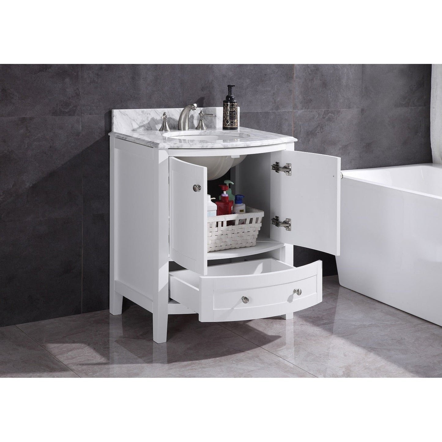 Legion Furniture WT9309 30" White Freestanding PVC Vanity Cabinet With Marble Top and White Ceramic Sink