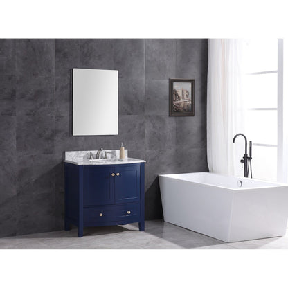 Legion Furniture WT9309 36" Blue Freestanding PVC Vanity Cabinet With Marble Top and White Ceramic Sink