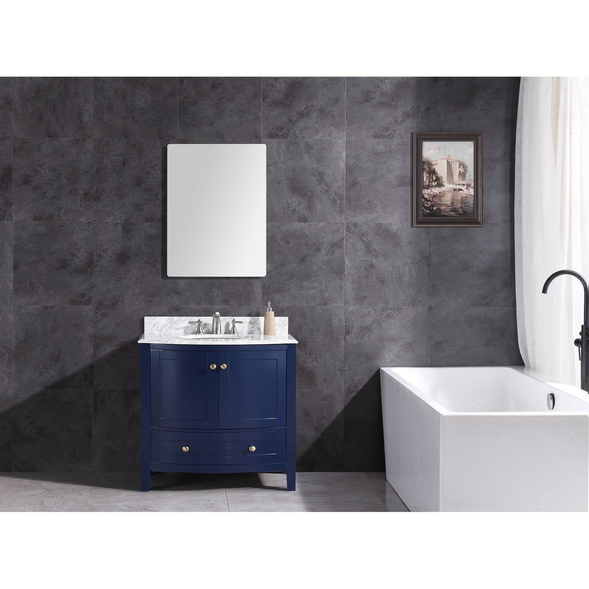 Legion Furniture WT9309 36" Blue Freestanding PVC Vanity Cabinet With Marble Top and White Ceramic Sink