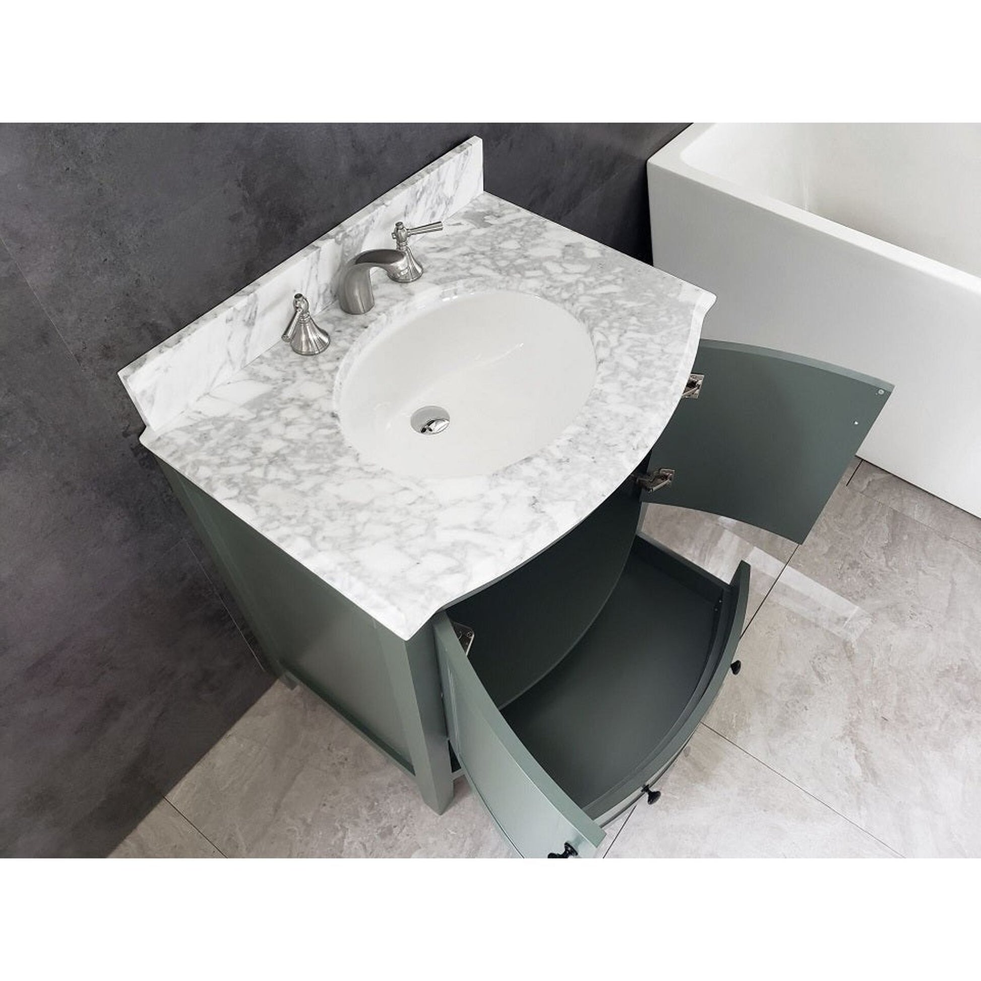 Legion Furniture WT9309 36" Pewter Green Freestanding PVC Vanity Cabinet With Marble Top and White Ceramic Sink