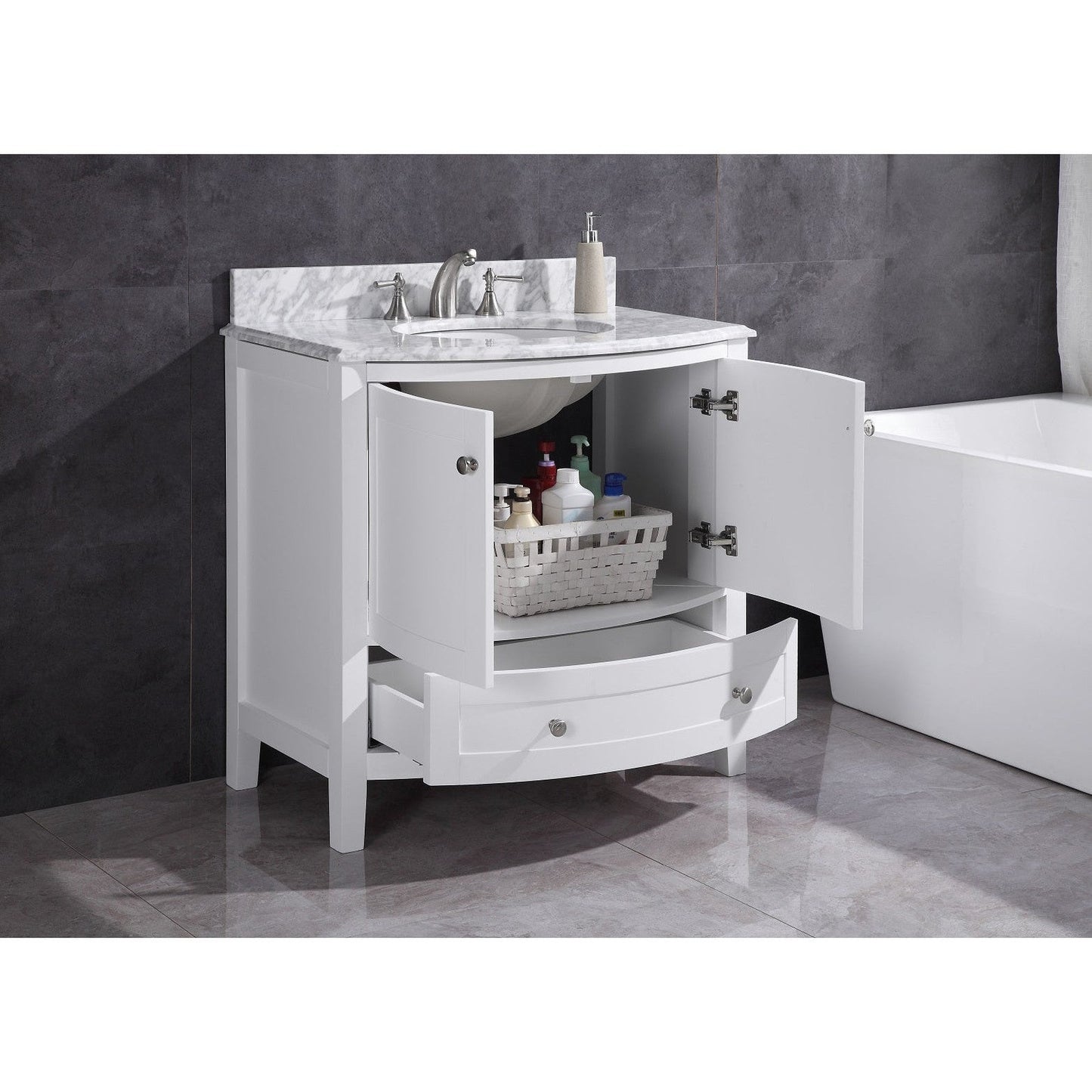 Legion Furniture WT9309 36" White Freestanding PVC Vanity Cabinet With Marble Top and White Ceramic Sink