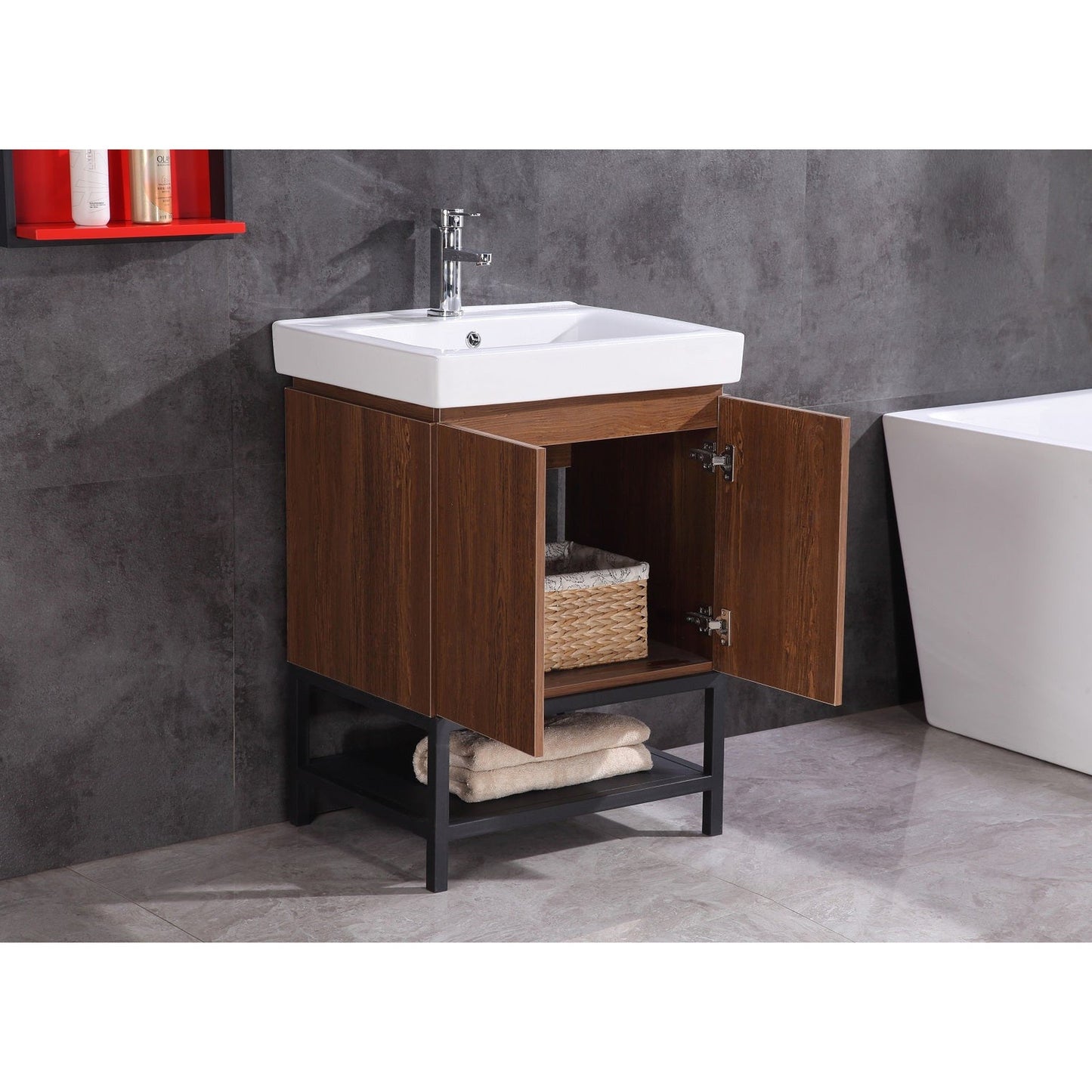 Legion Furniture WT9324 24" Brown Freestanding PVC Vanity Cabinet With White Ceramic Top, Sink, Mirror and Side Cabinet