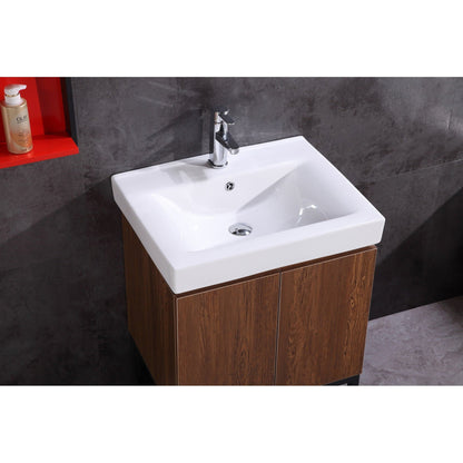 Legion Furniture WT9324 24" Brown Freestanding PVC Vanity Cabinet With White Ceramic Top, Sink, Mirror and Side Cabinet