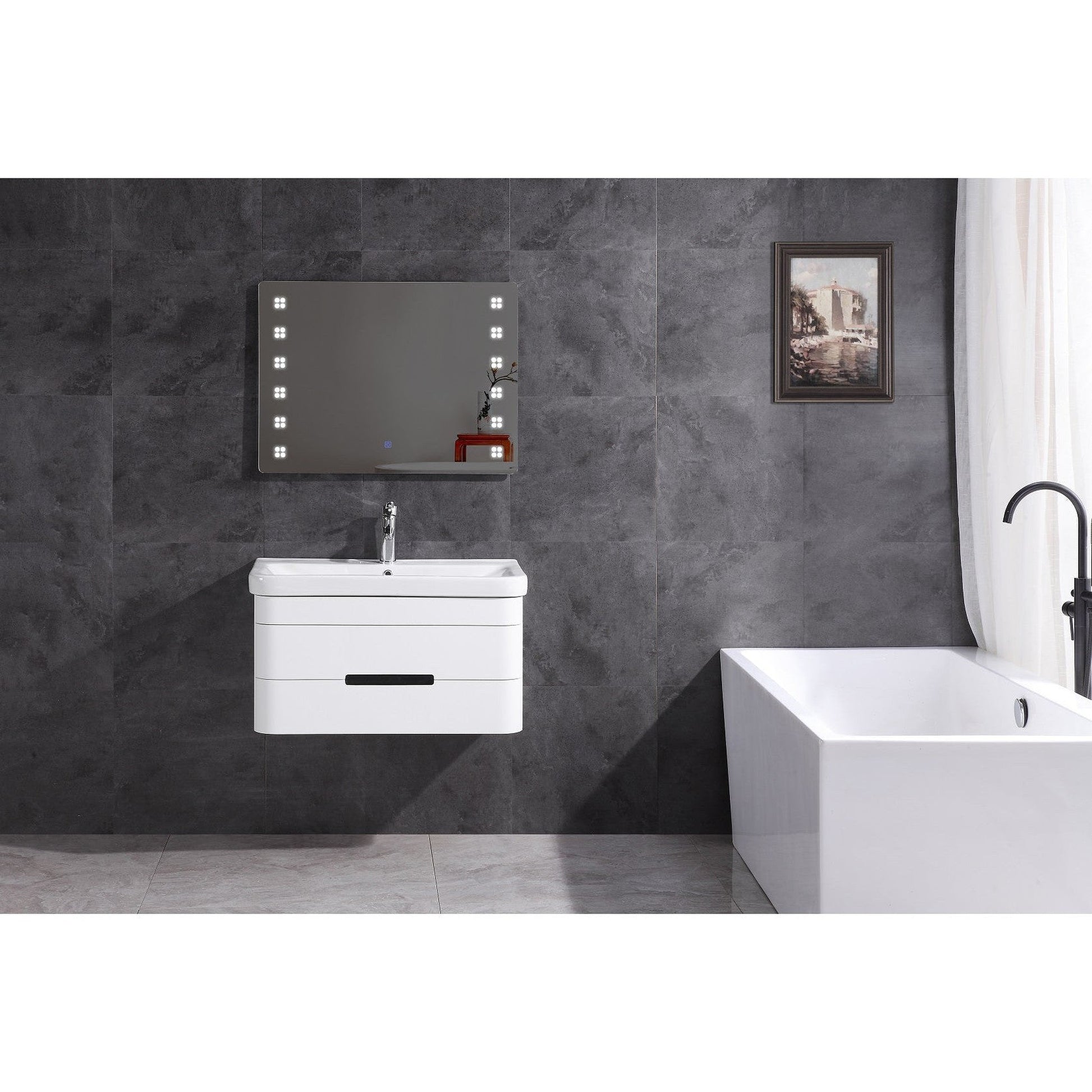 Legion Furniture WT9328 32" White Wall Mounted PVC Vanity Cabinet With White Ceramic Top, Sink and LED Mirror