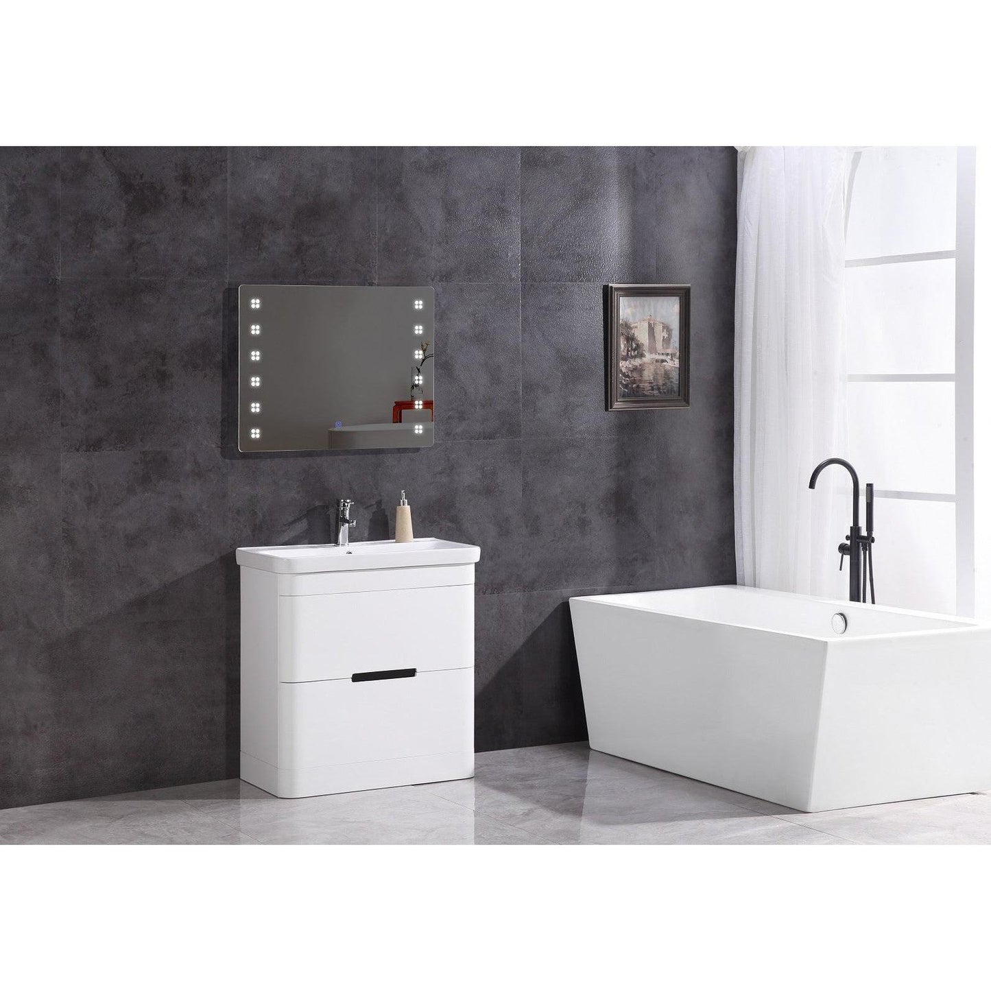 Legion Furniture WT9329 32" White Freestanding PVC Vanity Cabinet With White Ceramic Top, Sink and LED Mirror