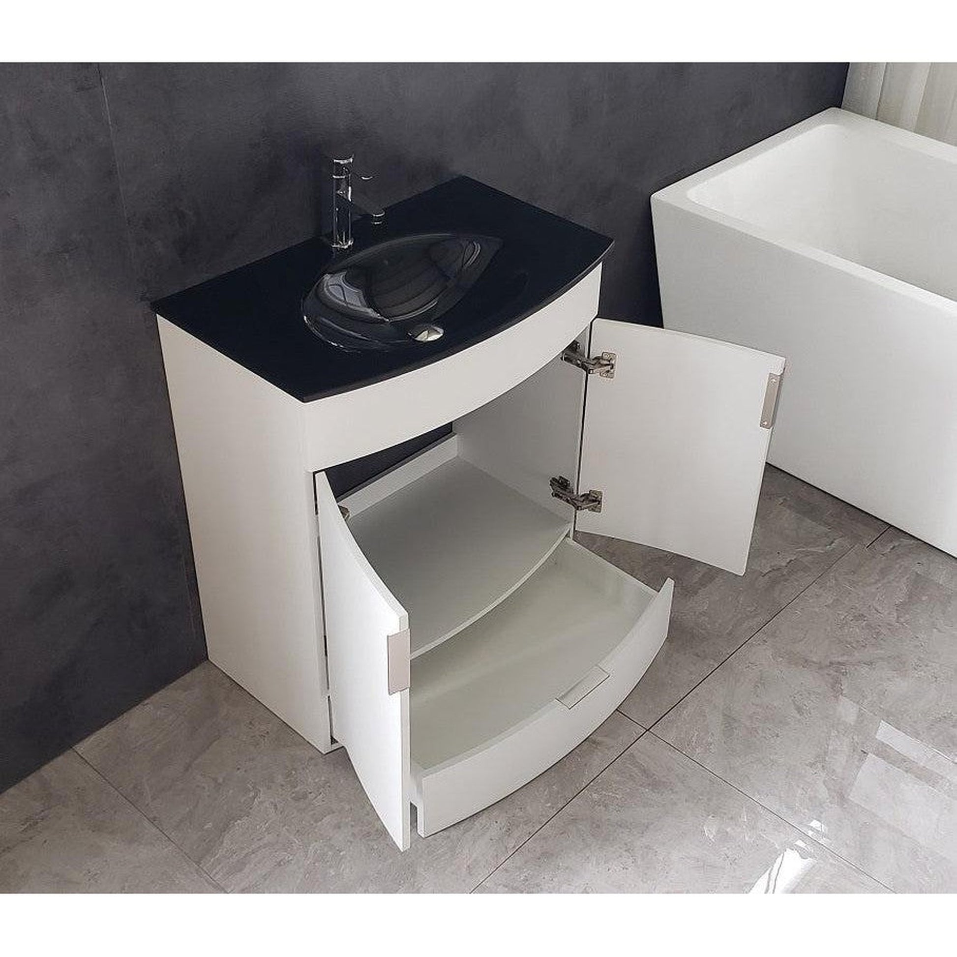 Legion Furniture WTM8130 30" White Freestanding PVC Vanity Cabinet With Tempered Glass Top and Sink