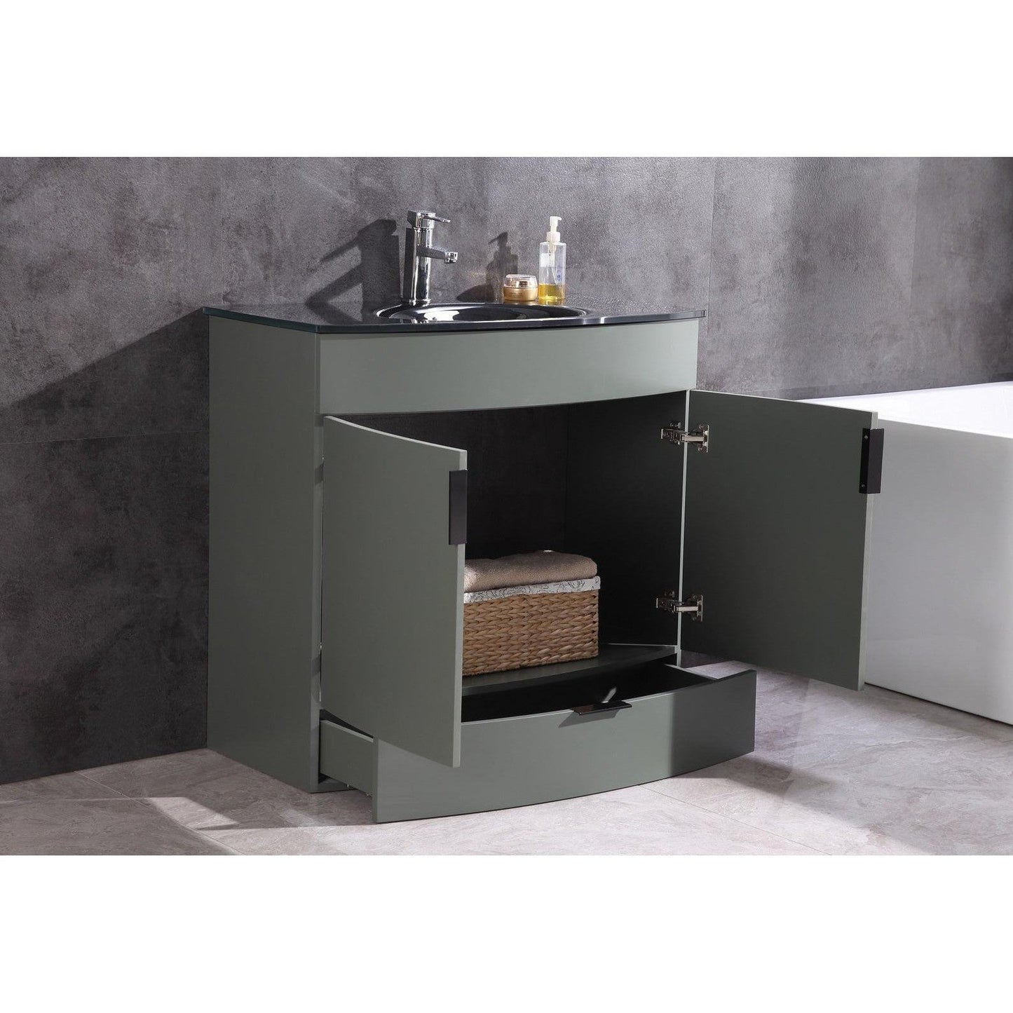 Legion Furniture WTM8130 36" Pewter Green Freestanding PVC Vanity Cabinet With Tempered Glass Top and Sink