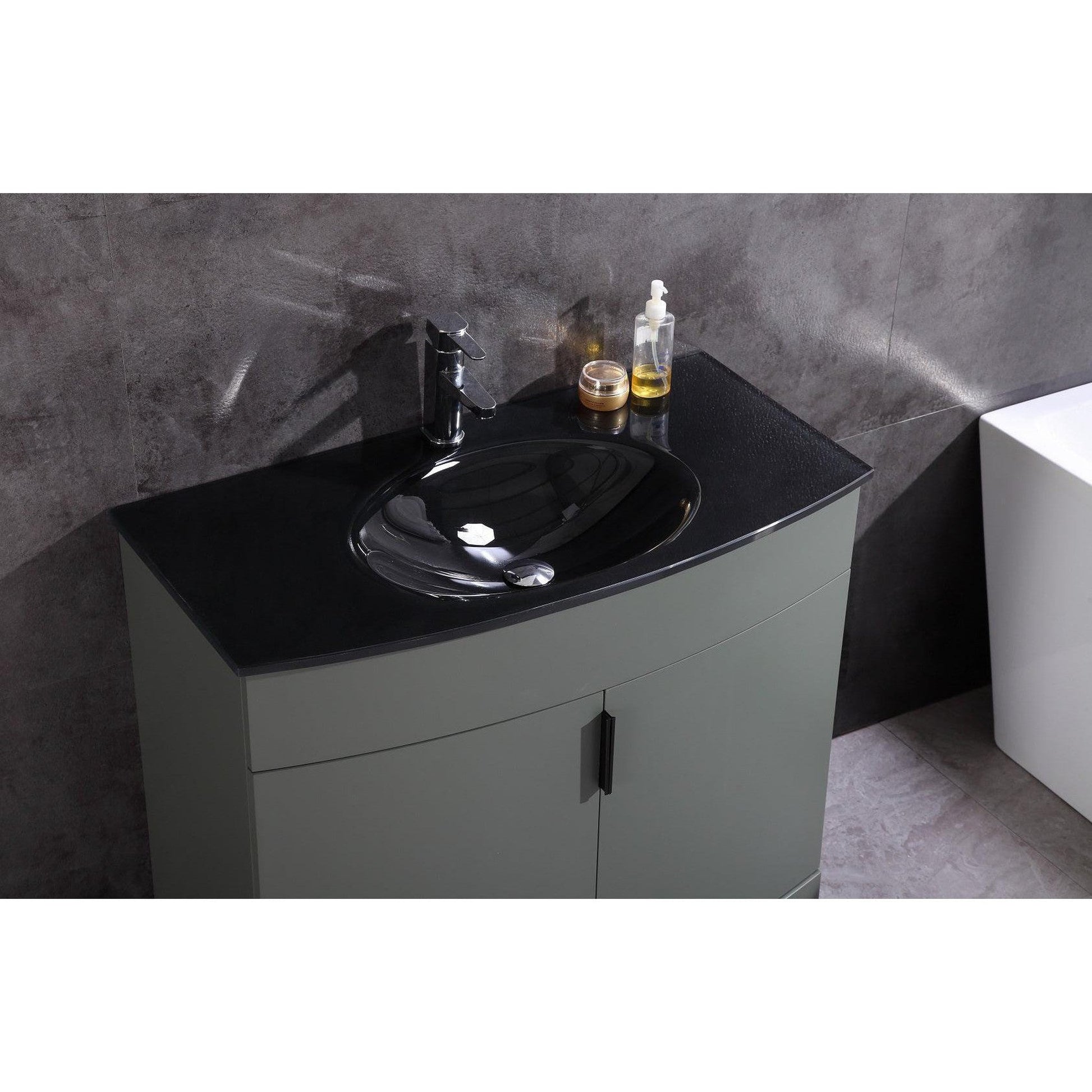 Legion Furniture WTM8130 36" Pewter Green Freestanding PVC Vanity Cabinet With Tempered Glass Top and Sink